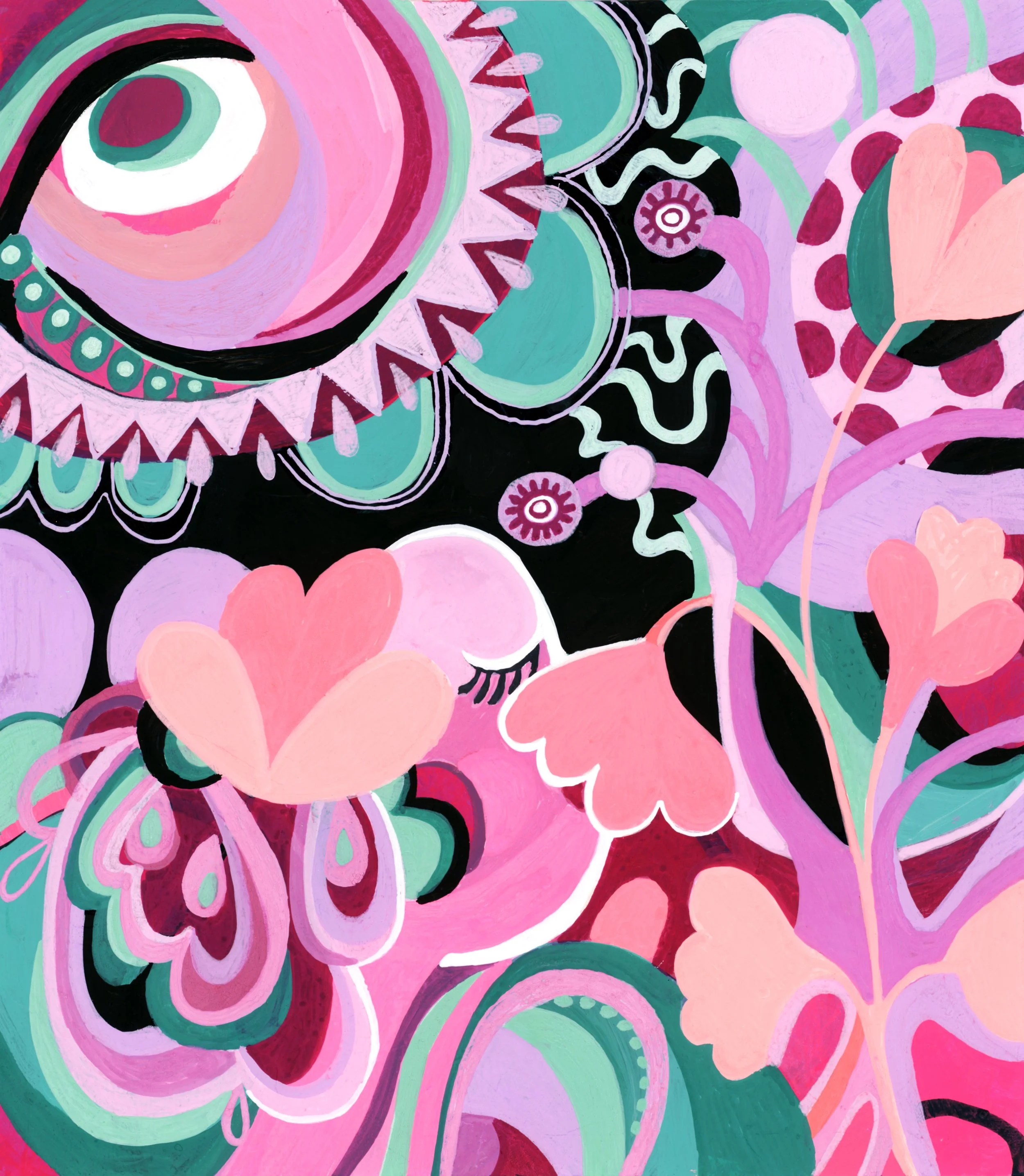 Playful intuitive abstract painting by Stephanie Ignazio featuring whimsical flowers, layered petals, curling stems, circles, and bold patterns in pink, coral, lavender, teal, burgundy, and black.