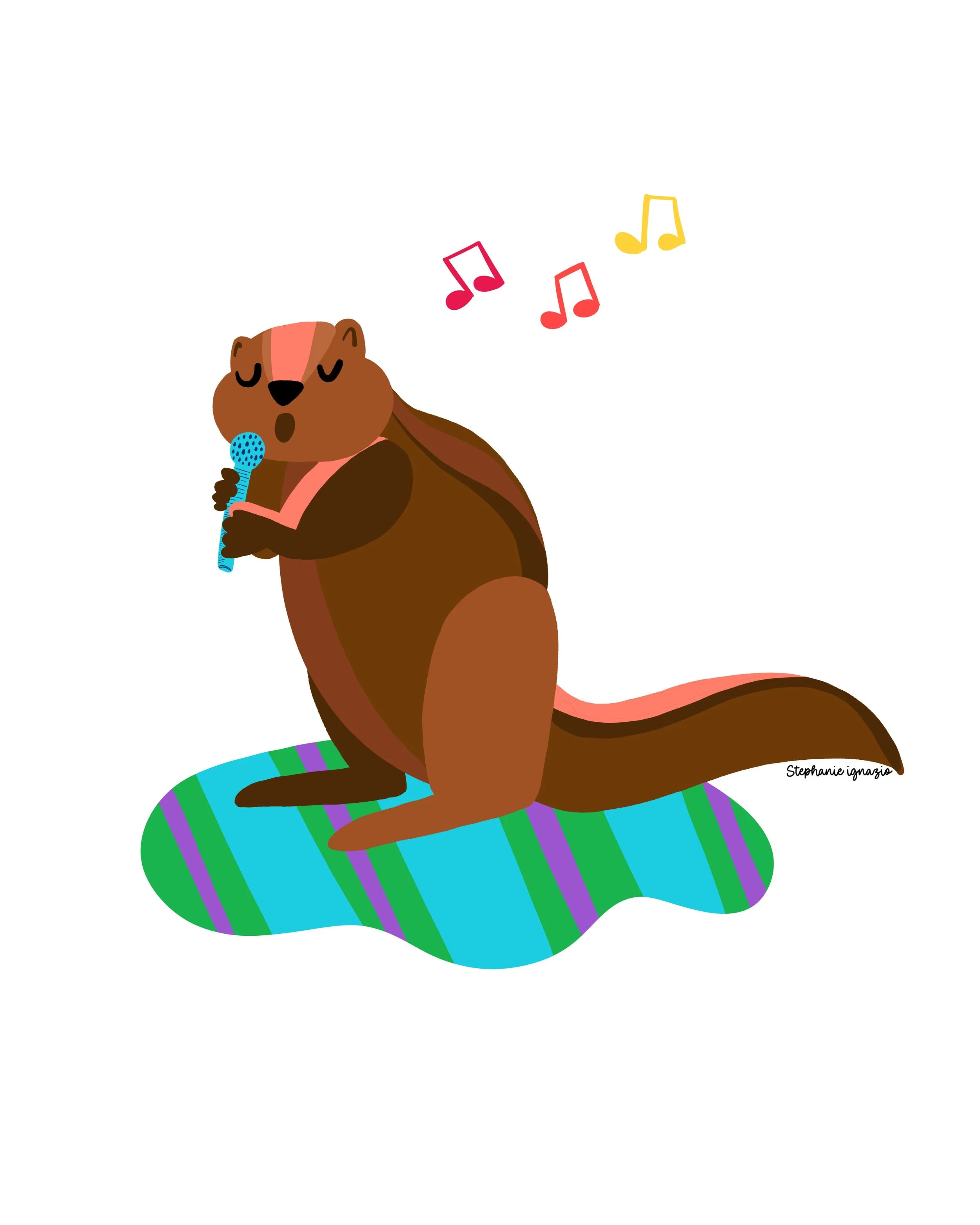 illustration of a singing xerus squirrel sitting on a striped rug with mirophone and musical notes