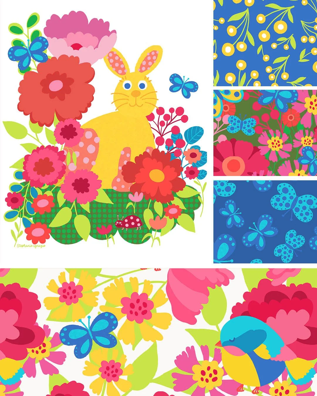 vibrant surface pattern design collection by hazel and henrietta featuring a bright bunny surrounded by imaginative colorful florals.