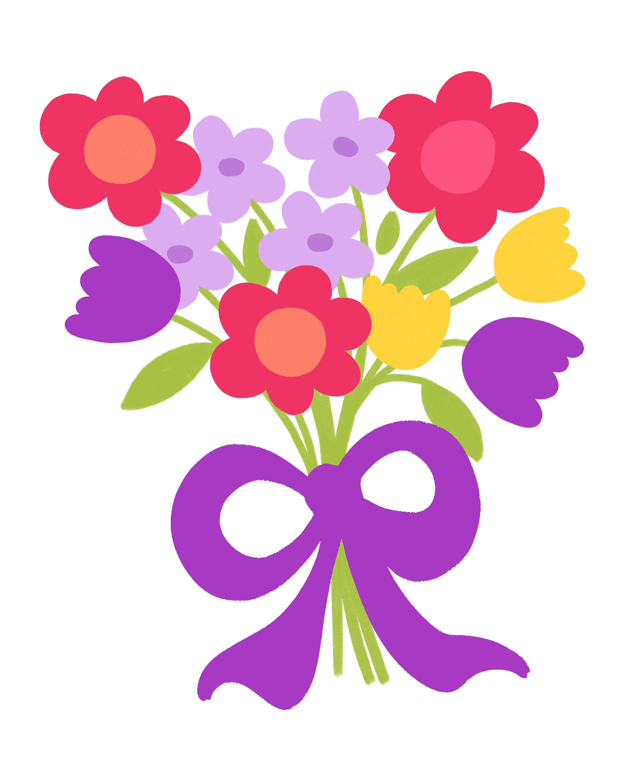 Colorful bouquet of flowers with purple, red, yellow, and lavender blossoms, tied with a purple ribbon, on a black background.