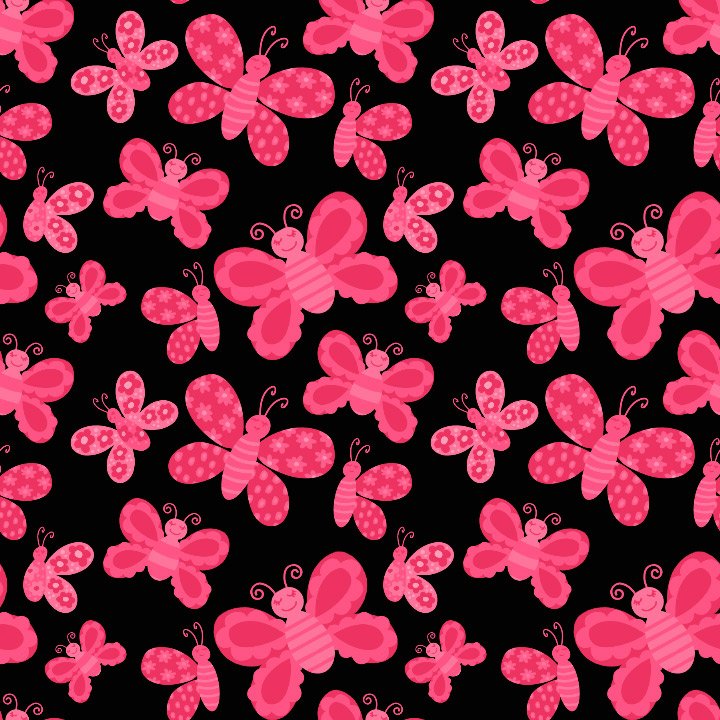 Pattern of pink butterflies with polka dots and striped wings on a black background.