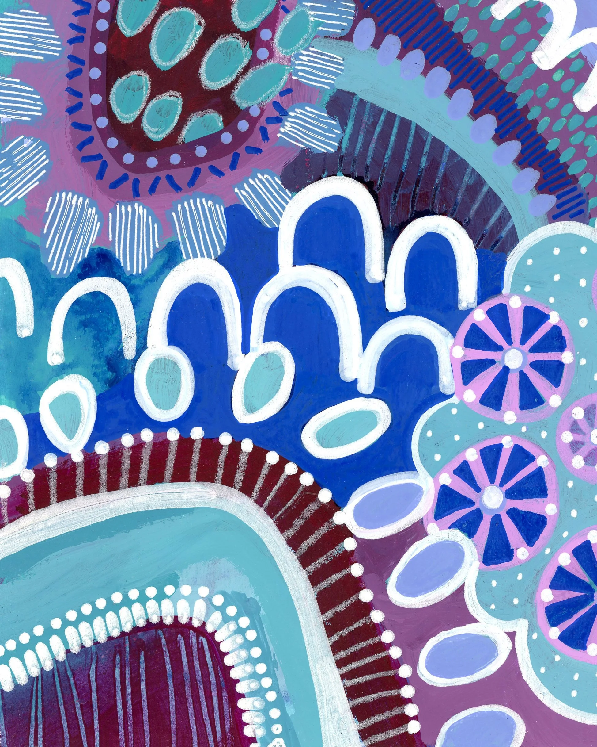 Abstract painting with various shapes and patterns in shades of blue, purple, and red, featuring dots, lines, and oval shapes.