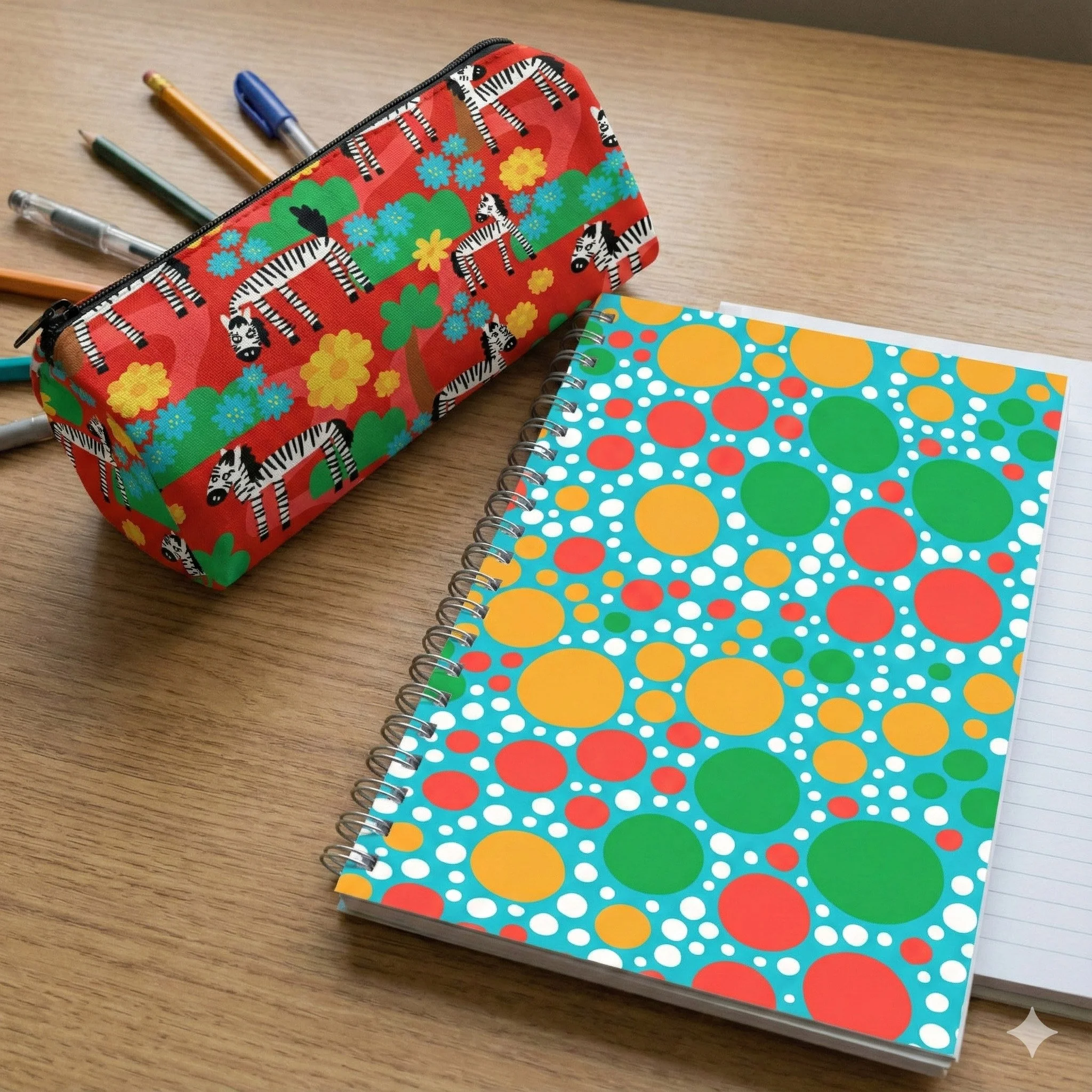 zebra pattern on soft fabric pencil case with polo dot patterned notebook in bright bold colors of red, turquoie and bold green and red. zebras in bloom pattern avaialble for licensing to stationary, fabric and gift categories for art licensing