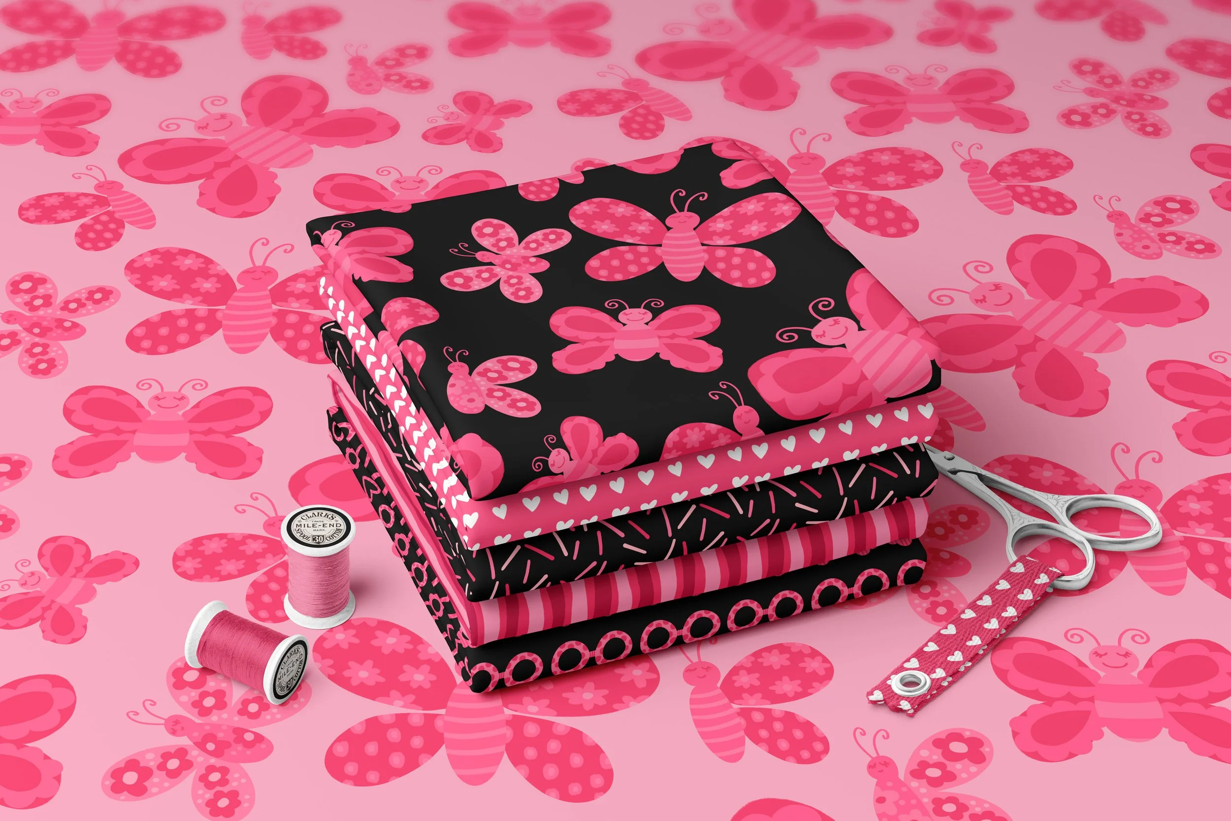 color palette of reds, pinks and black. fabric stack of whimsical butterflies, hearts, stripes, sprinkle patterns and fun sunglasses on a background of butterflies in shades of pinks. fabrics are designed by hazela and  henrietta and available for ar