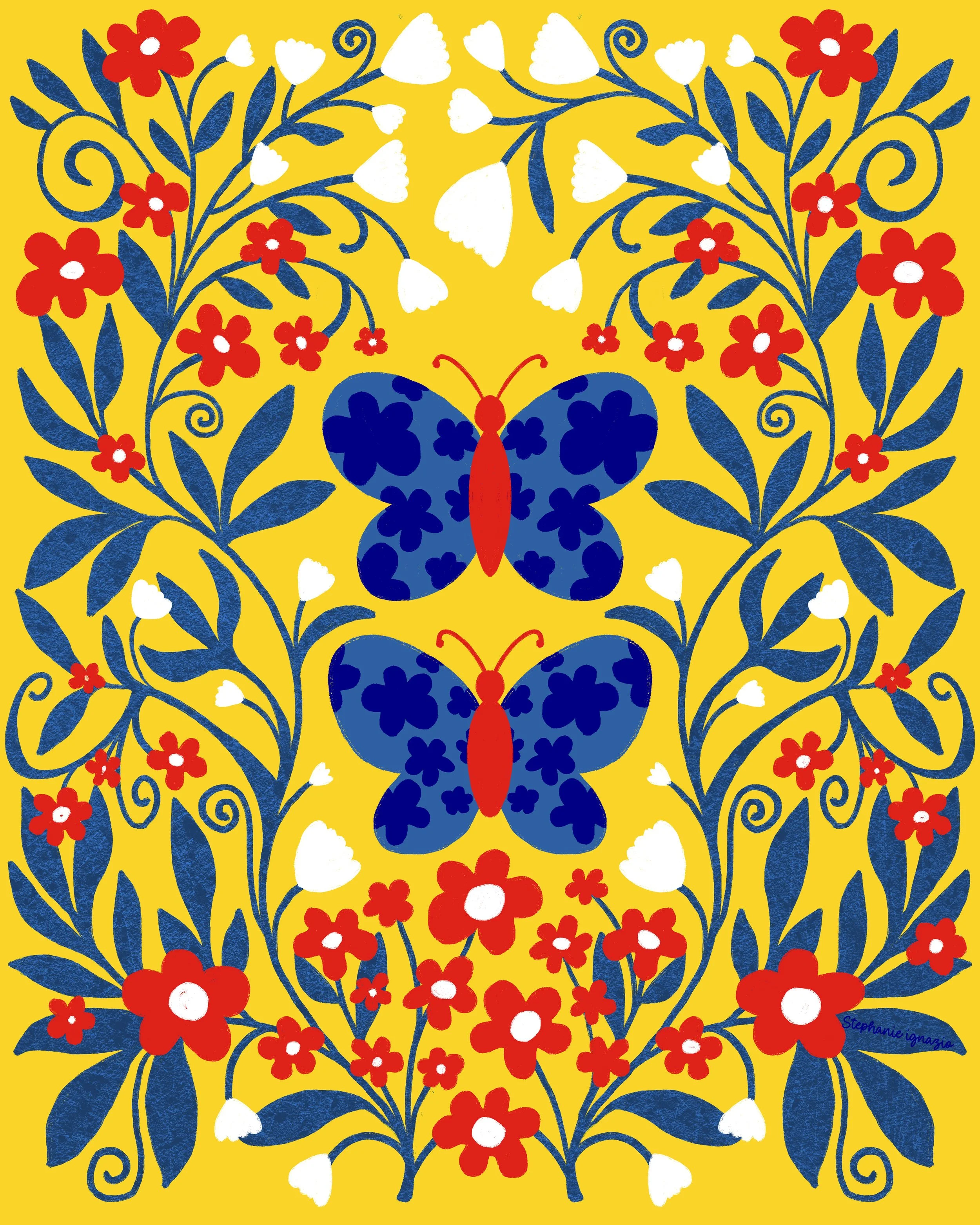 A vibrant yellow background featuring a symmetrical design of blue leaves, red flowers, white bell-shaped flowers, and two blue butterflies with red bodies and black floral patterns on their wings.