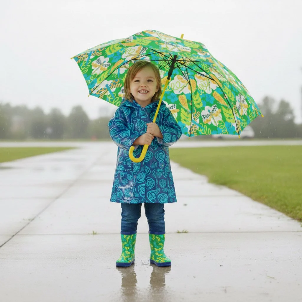 child wearing blue patterned raincoat holding dragonfly patterned umbrella and wearing fun swirly rainboots in green pattern