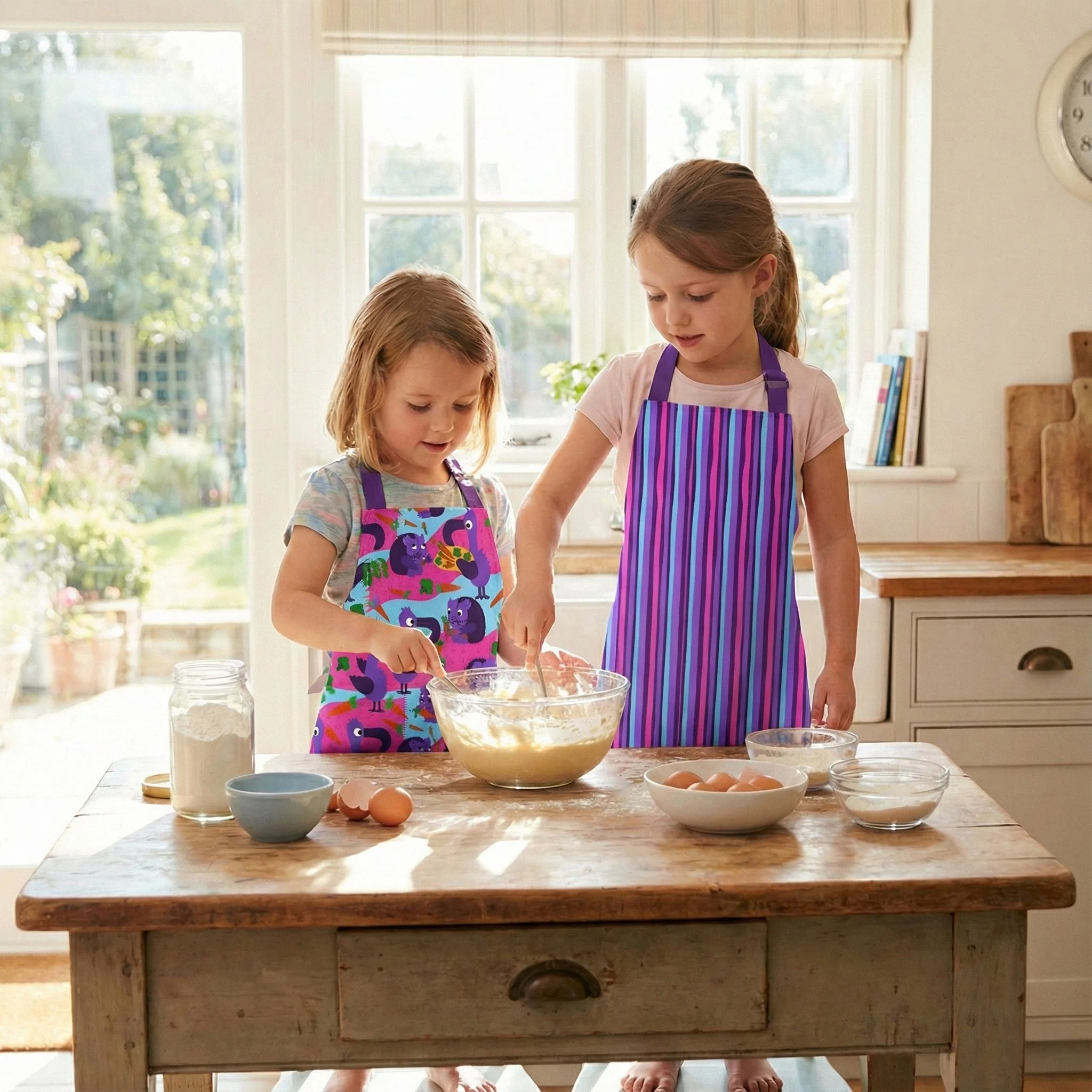 Two children baking together in a sunlit kitchen, wearing vibrant aprons from the Eat Your Veggies collection. This joyful scene features bold striped and illustrated vegetable-themed apron designs with playful animals, carrots, and garden greens. Pe