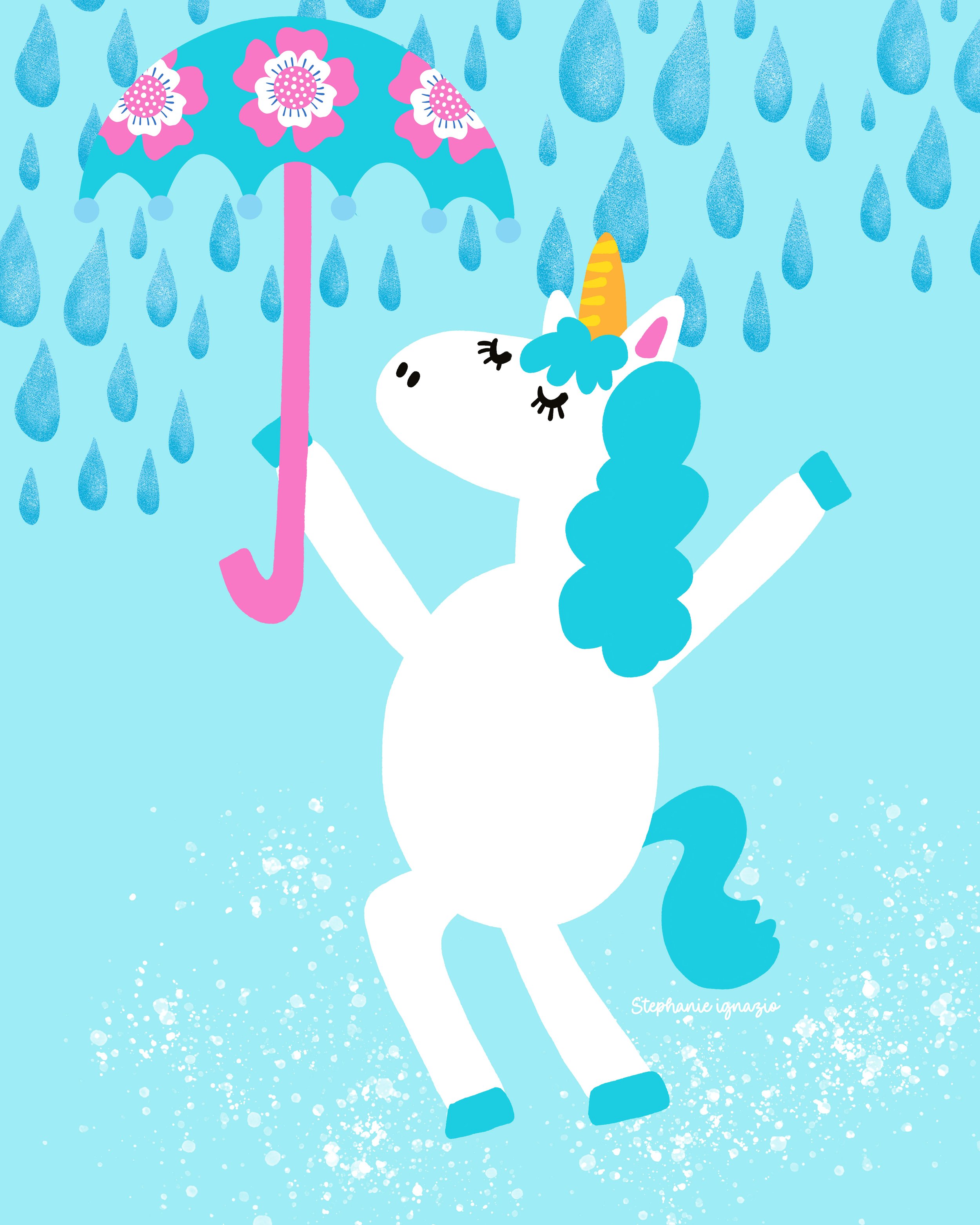 illustration of a magical unicorn dancing in the rain stomping in the  puddles with a teal and pink flowered umbrella on light blue background