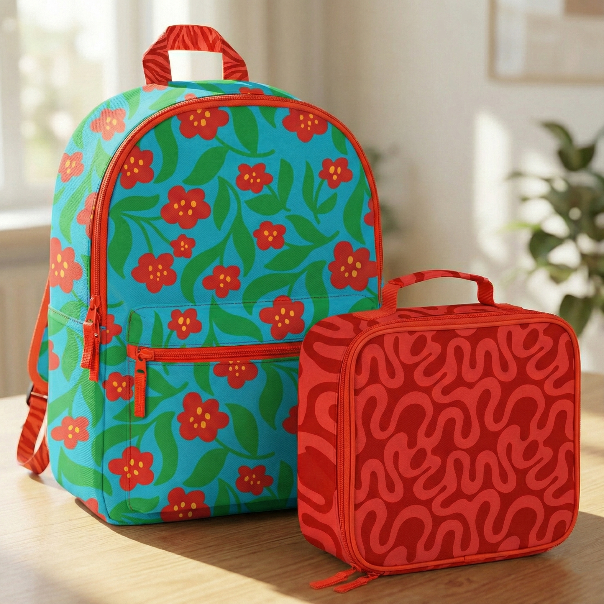 child's backpack and fabric lunchbox featuring zebras in bloom fabrics in bright bold orange and turquoise with wavy lines and floral accents
