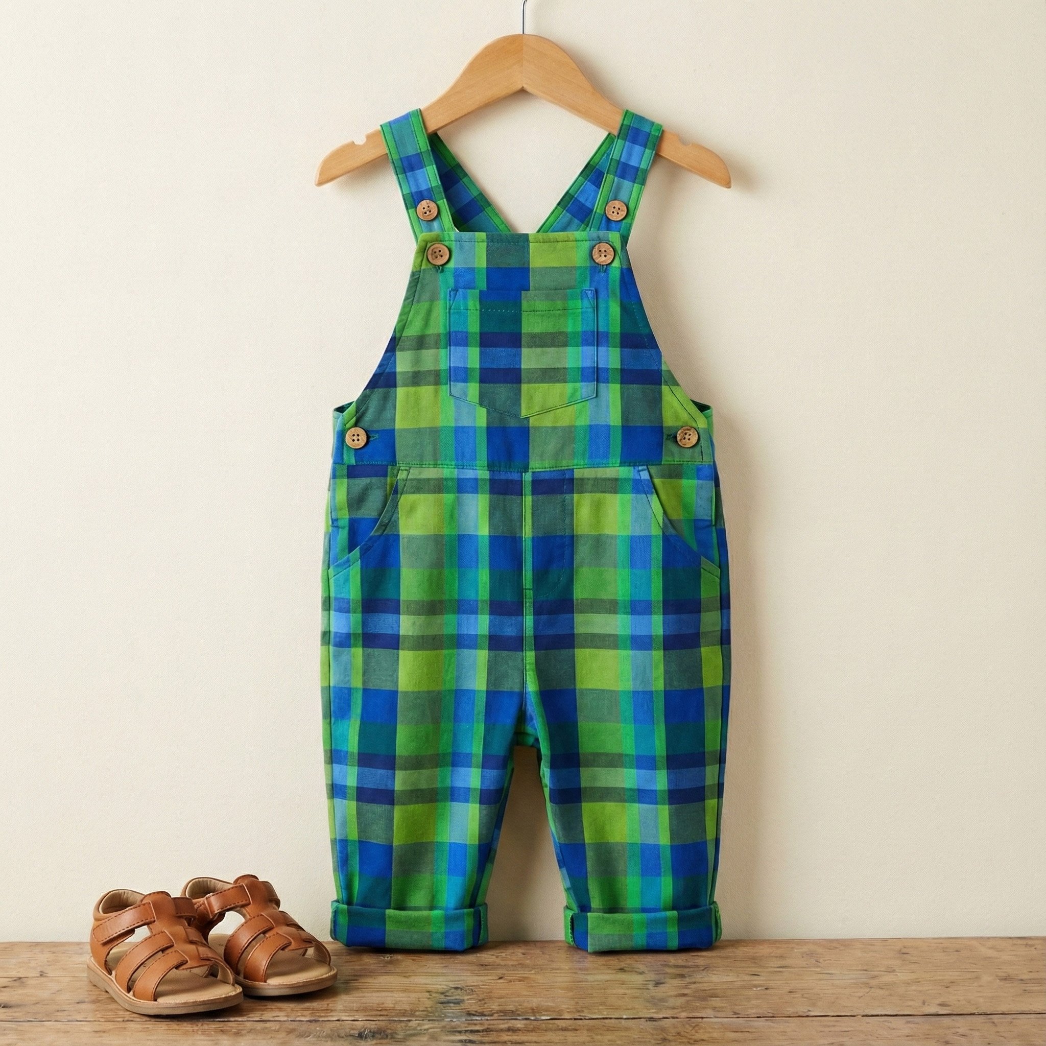 unisex plaid overalls in shades of blues and greens. features updated and modern plaid pattern from watermelon whiskers fabric line