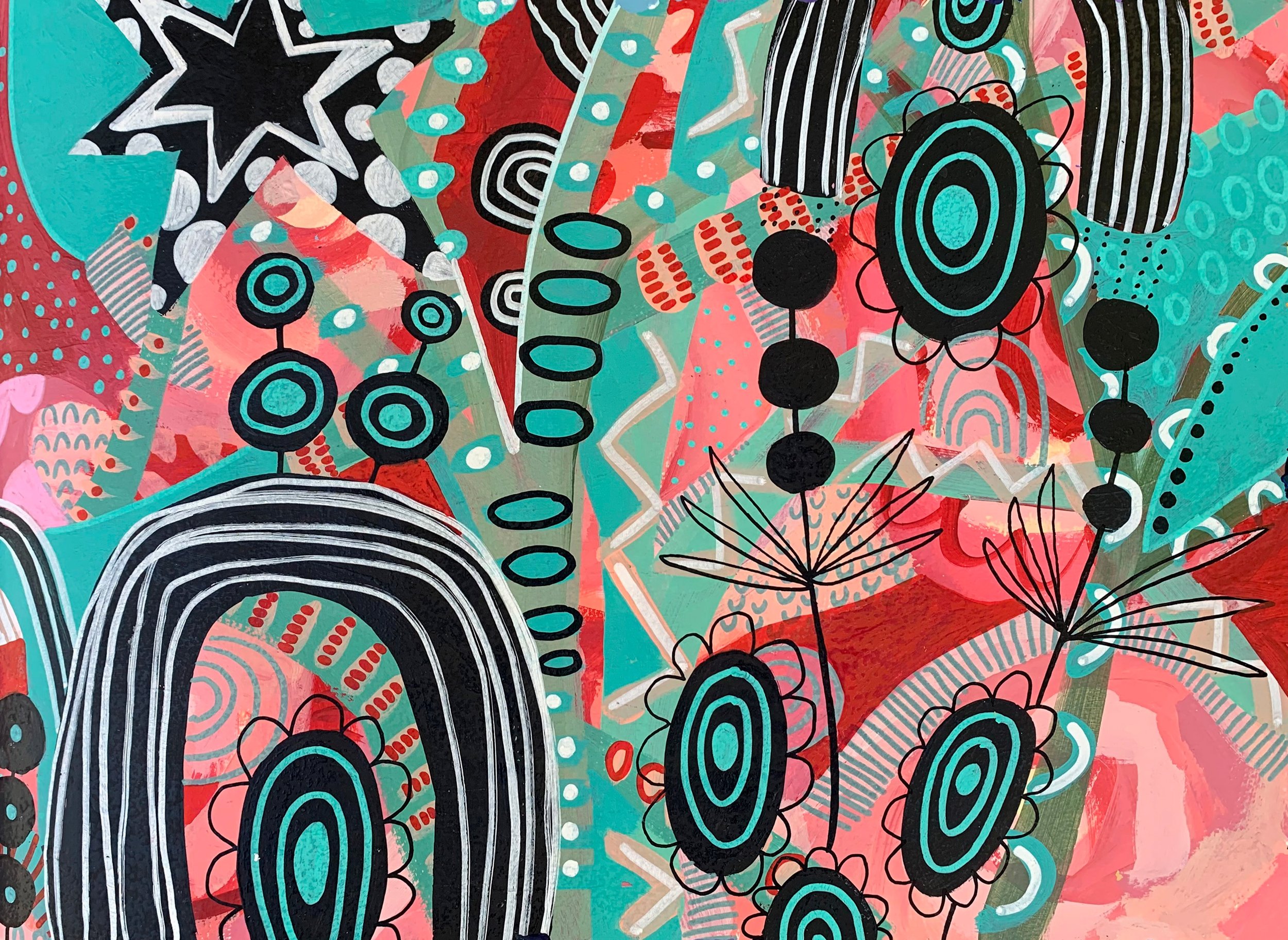 Abstract colorful painting with black, pink, red, green, and blue shapes and lines, featuring stylized flowers and geometric patterns.