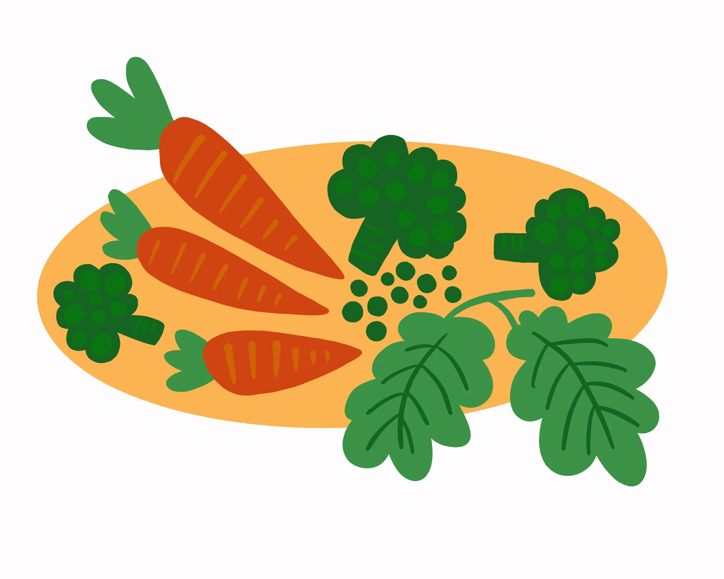 Whimsical vegetable platter illustration featuring carrots, broccoli, leafy greens, and peas arranged on a playful serving tray. Designed as a hero placement illustration, this artwork is ideal for children’s products, food packaging, kitchen goods, 
