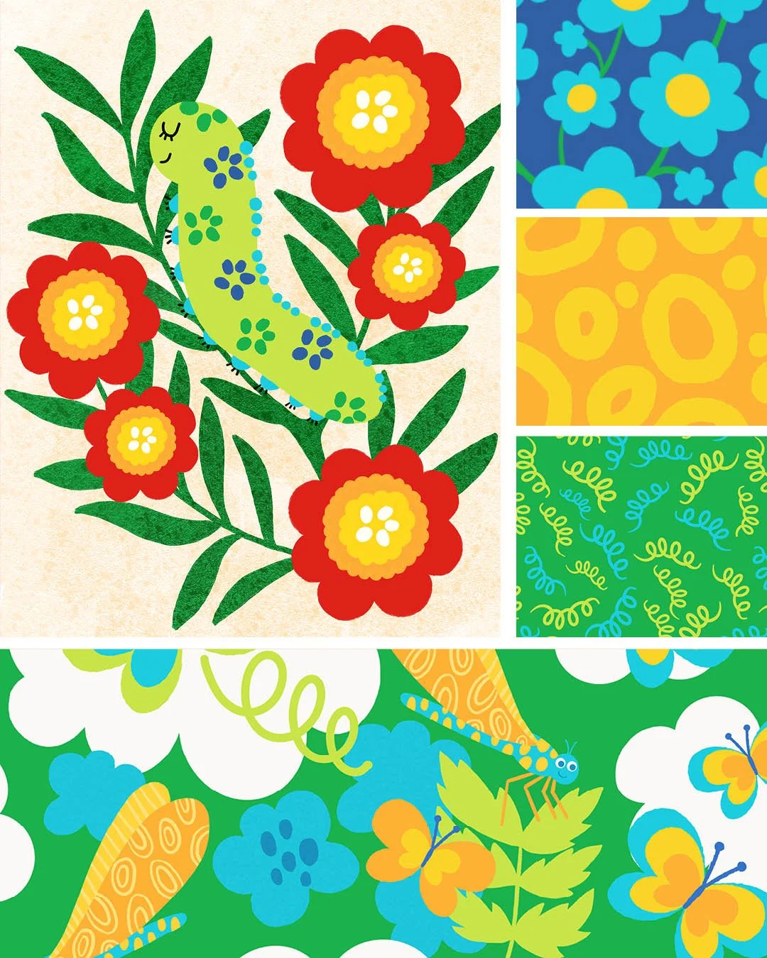 illustration features a green spotted caterpillar crawling on a plant with bright red flowers. Coordinating patterns include dragonflies and butterflies flying among clouds, blue flowers, and green swirls