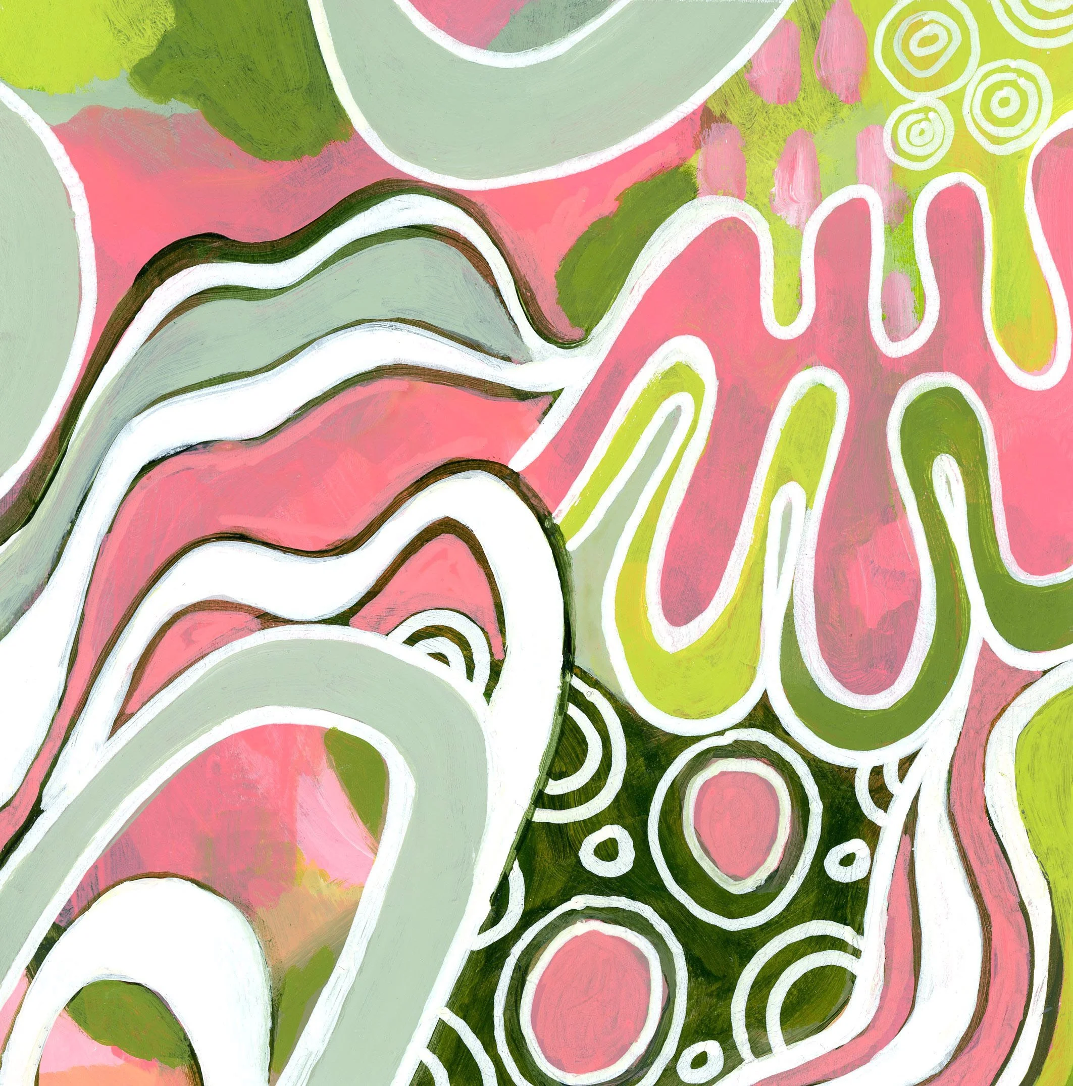 Abstract painting with pink, green, white, and black swirling and dotted patterns.