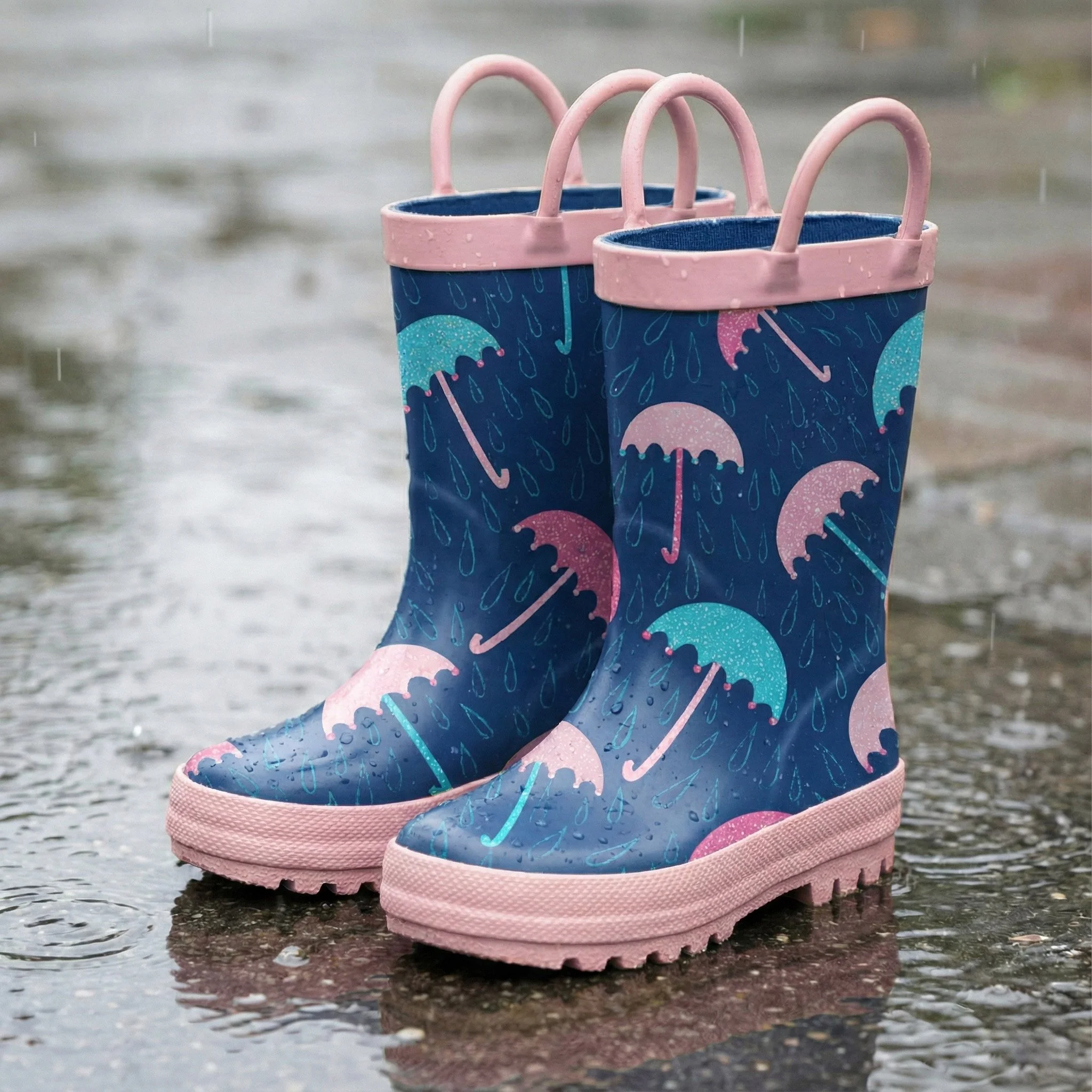 Children’s rain boots featuring colorful umbrella and raindrop pattern in a rainy outdoor setting
