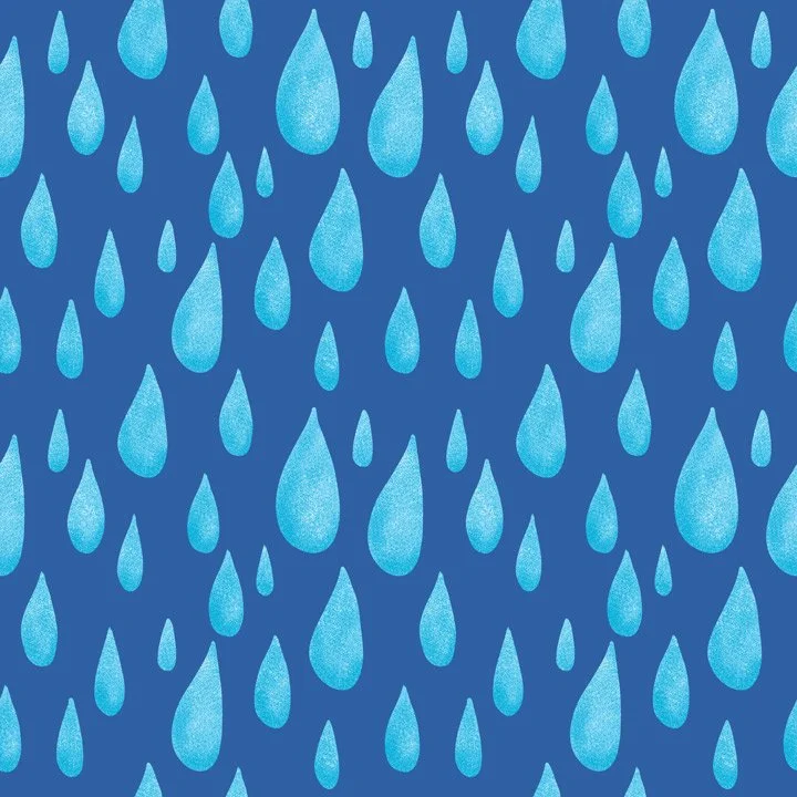 Textured raindrop pattern with scattered blue water droplets on a deep blue background