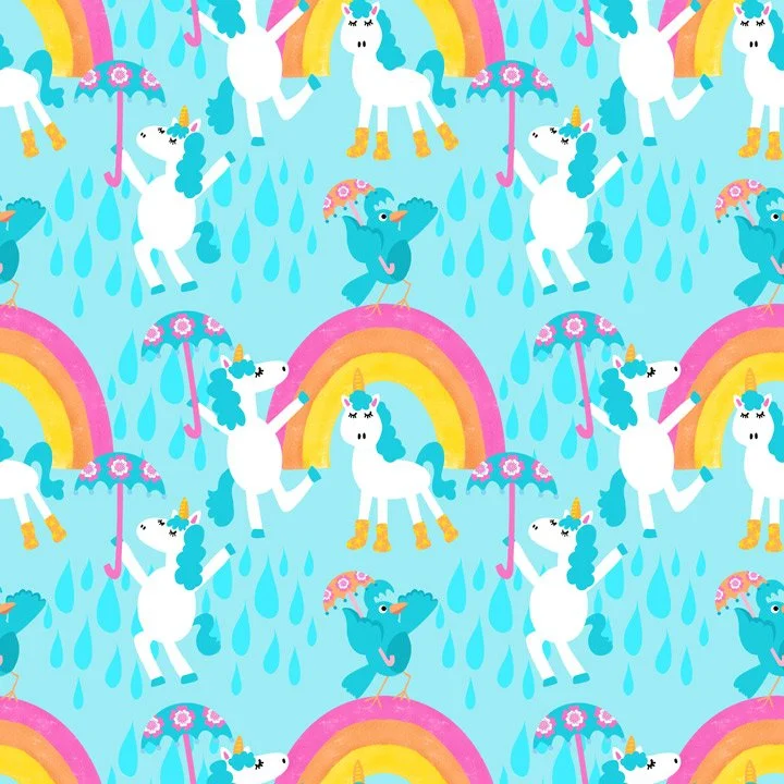 Whimsical unicorn pattern with playful unicorns, rainbows, umbrellas, raindrops, and birds in a bright, colorful children’s illustration style. available for art licensing