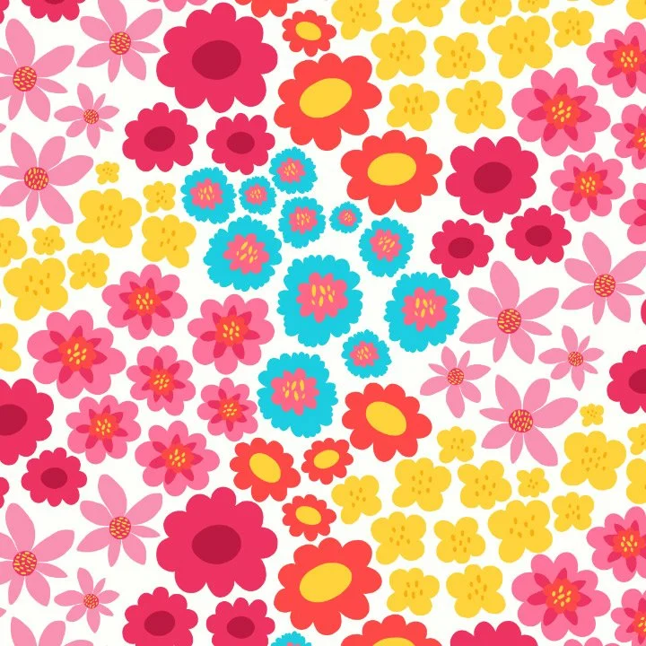 Pattern of colorful cartoon flowers in pink, red, yellow, and blue, on a white background.