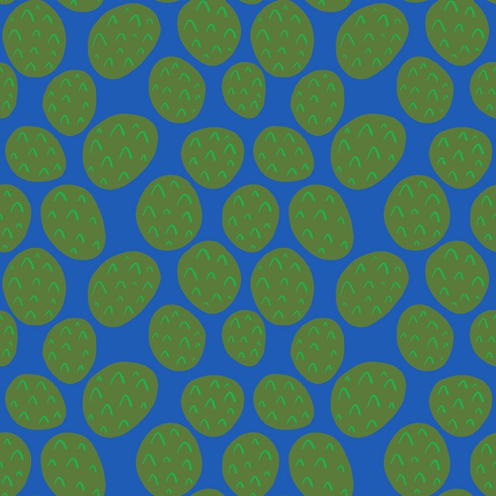 Organic pebble-inspired pattern with rounded green shapes on a blue background, referencing shoreline stones and natural textures for a versatile coordinating fabric. also available for liensing to party ware, gift and stationary brands