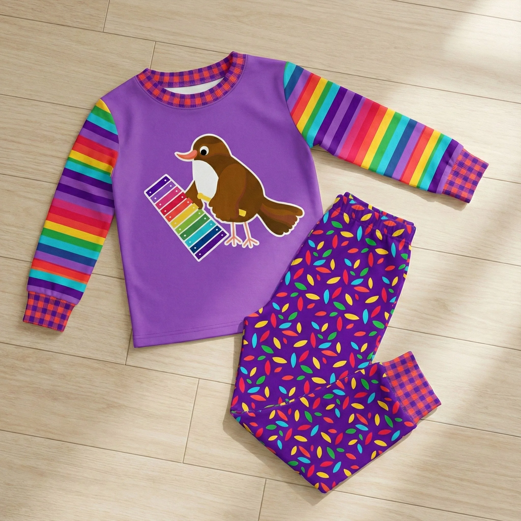 Bright and playful children’s pajama design featuring a musical bird character paired with bold rainbow stripes and checkered accents. This joyful, colorful artwork is ideal for kids apparel, sleepwear, children’s clothing collections, and art licens