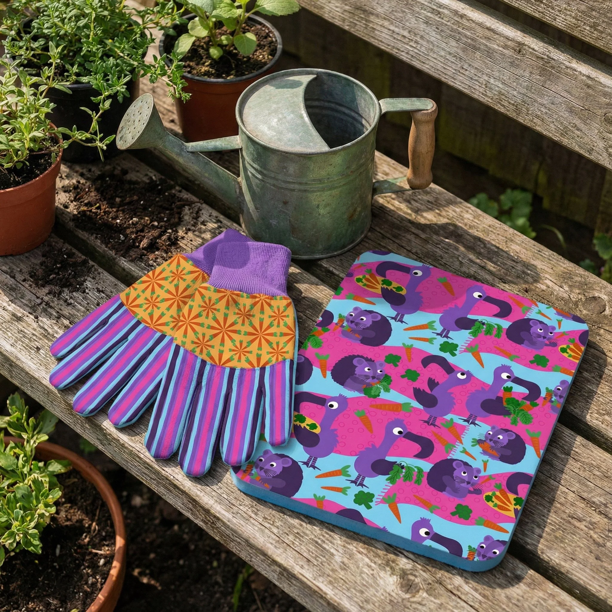 Whimsical gardening accessories featuring playful vegetable and animal illustrations from the Eat Your Veggies collection. This cheerful design pairs bold carrot and broccoli motifs with friendly character artwork, perfect for kids gardening gloves, 