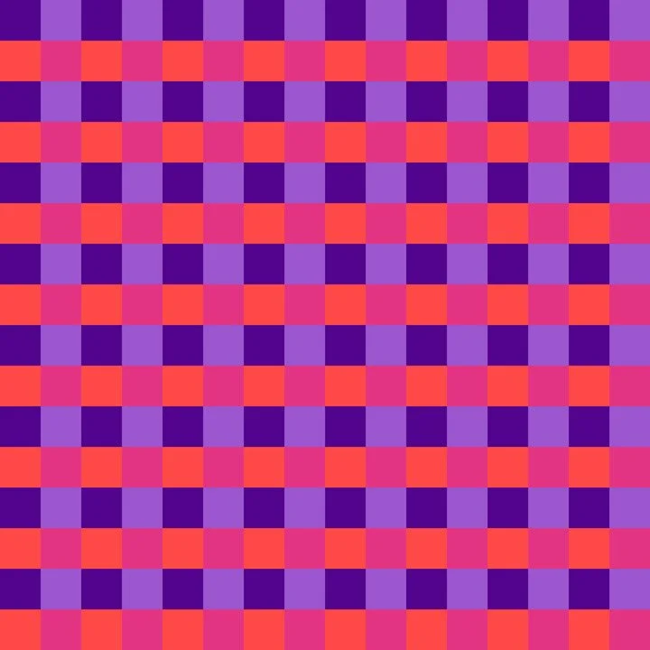 Bold checkered pattern featuring alternating blocks of purple, pink, and coral in a playful geometric grid. This modern, high-energy design is ideal for children’s fabric, apparel, quilting cotton, stationery, gift wrap, and surface pattern licensing