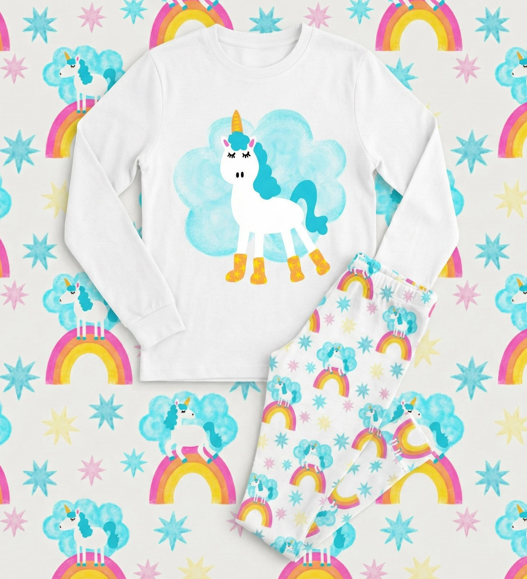 Children’s unicorn pajama set featuring rainbow patterns and a playful unicorn illustration
