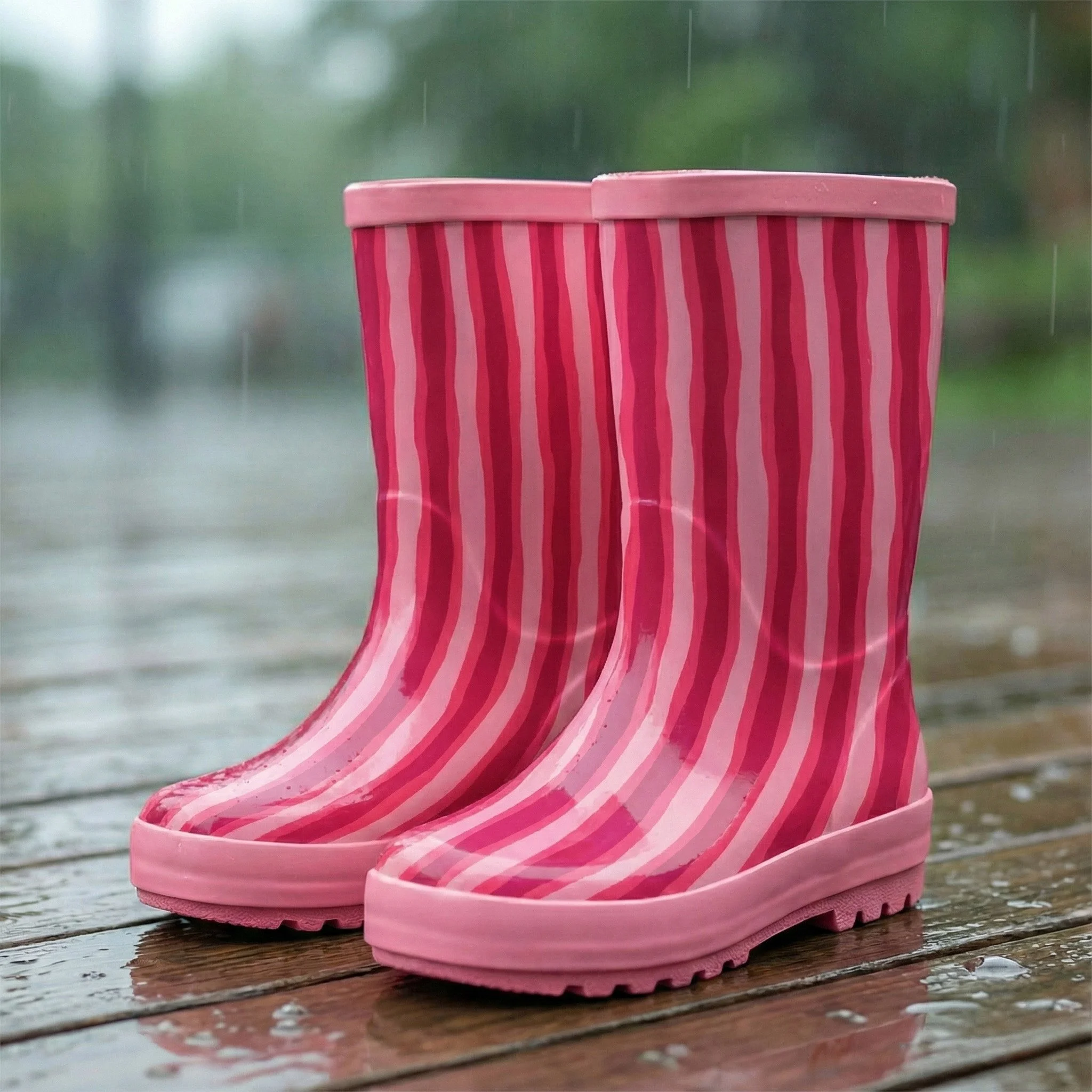 pair of little girls rainboots with hand drawn stripe pattern in color story of pinks and red designed by artist hazel and henrietta for art licensing