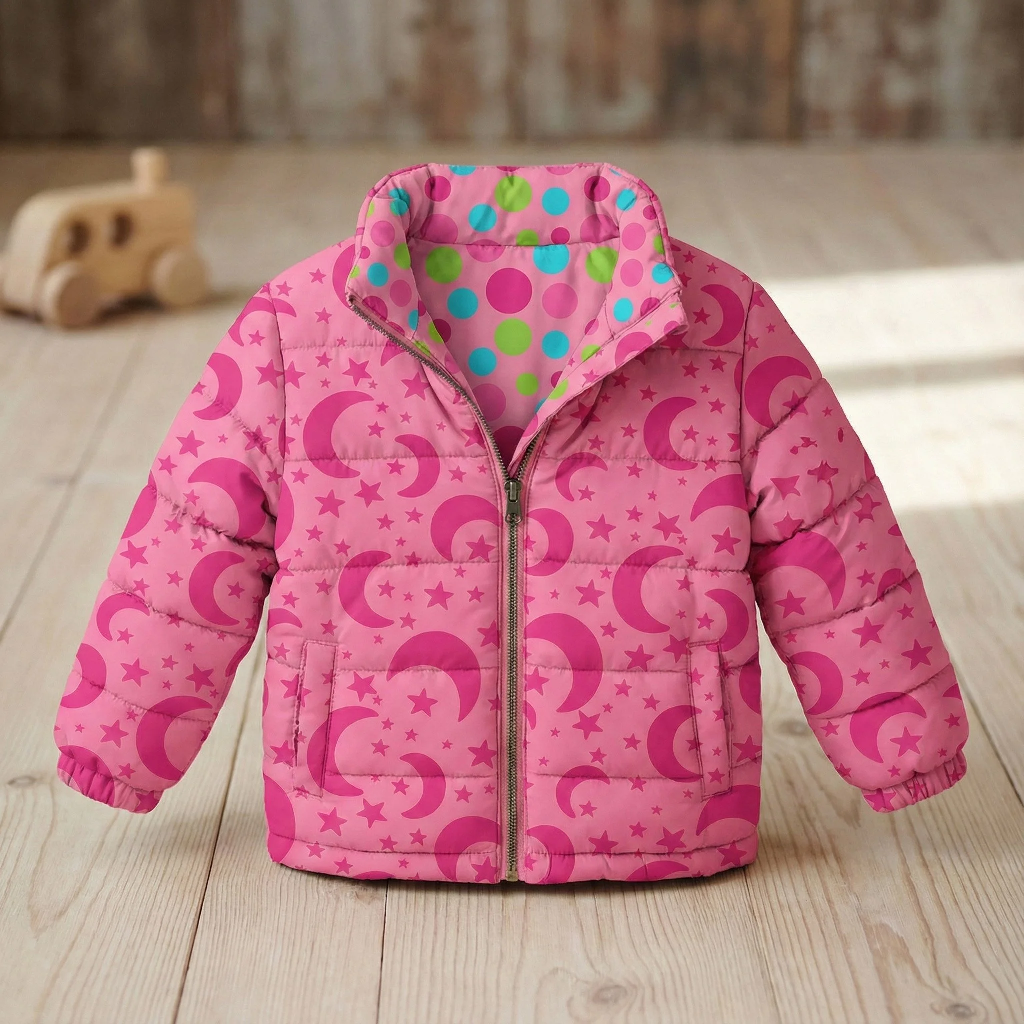 Children’s puffer jacket featuring Yak-a-Doodle Yoga surface pattern designs with moons, stars, and playful polka dots in pink, designed for whimsical kids outerwear.Yak-a-Doodle Yoga surface pattern designs showcased on a children’s puffer jacket, f