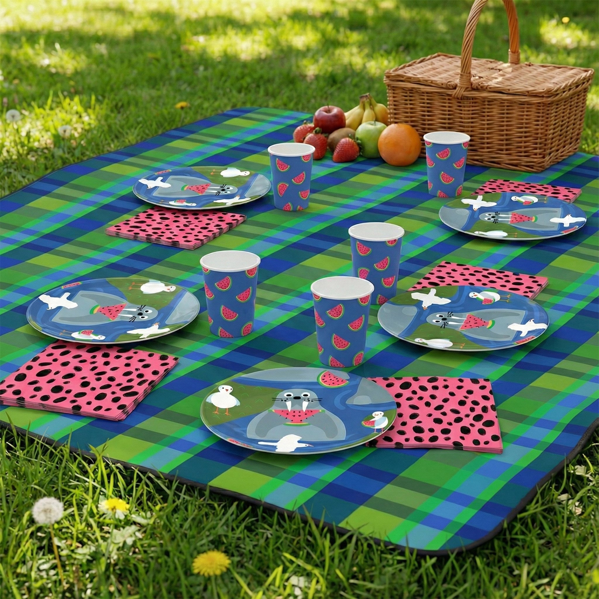 Outdoor picnic scene featuring a plaid picnic blanket with Watermelon Whiskers tableware, including walrus and watermelon illustrated plates, matching cups, and seed-patterned napkins set on green grass.Watermelon Whiskers surface pattern designs sho