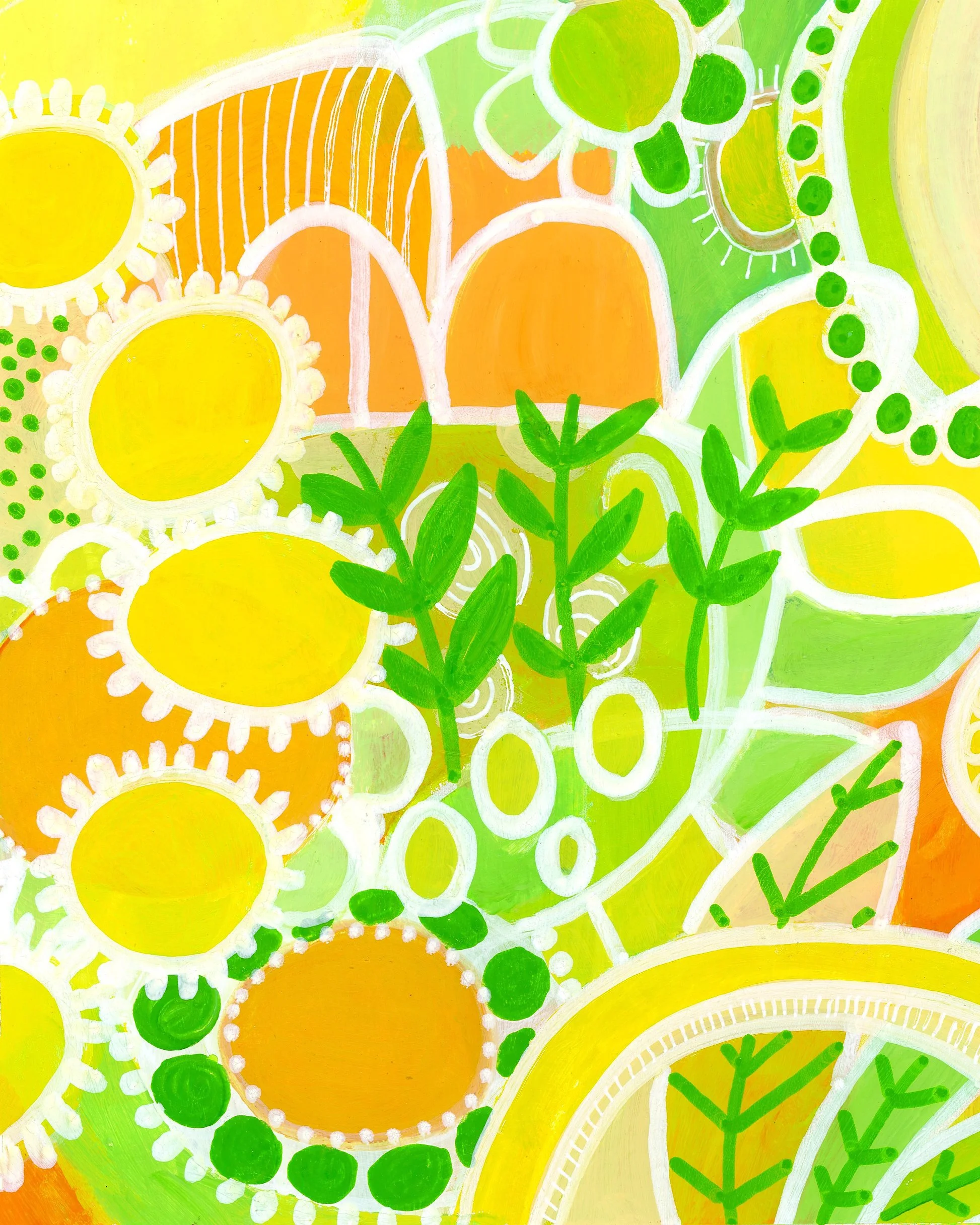 Colorful abstract painting with yellow, orange, green, and white shapes resembling flowers and leaves.
