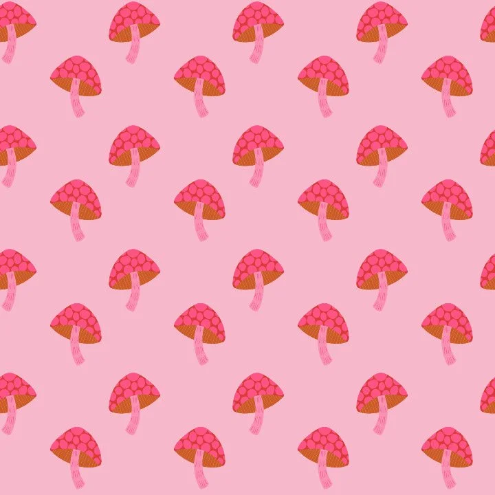 Pattern of pink mushrooms with brown spots on a pink background.
