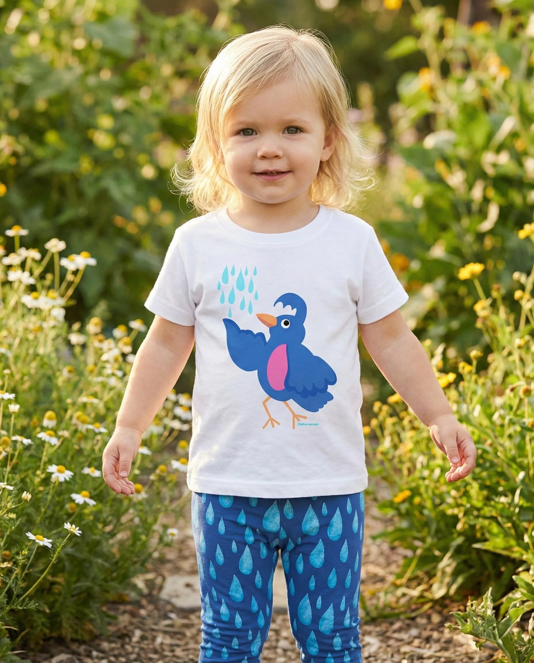 Toddler wearing unicorn magic bird graphic t-shirt and raindrop leggings
