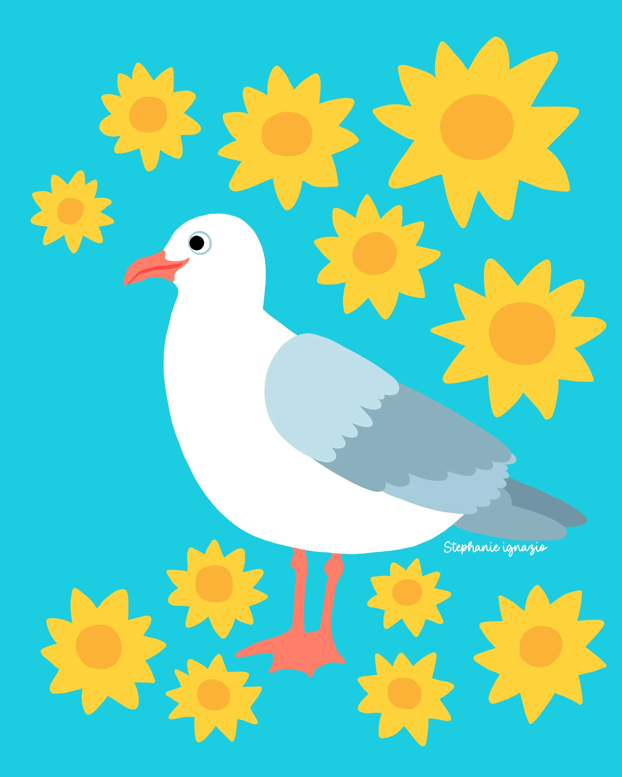 illustration of a sneaky white sea gull surrounded by yellow sunflowers on a bright turquoise background
