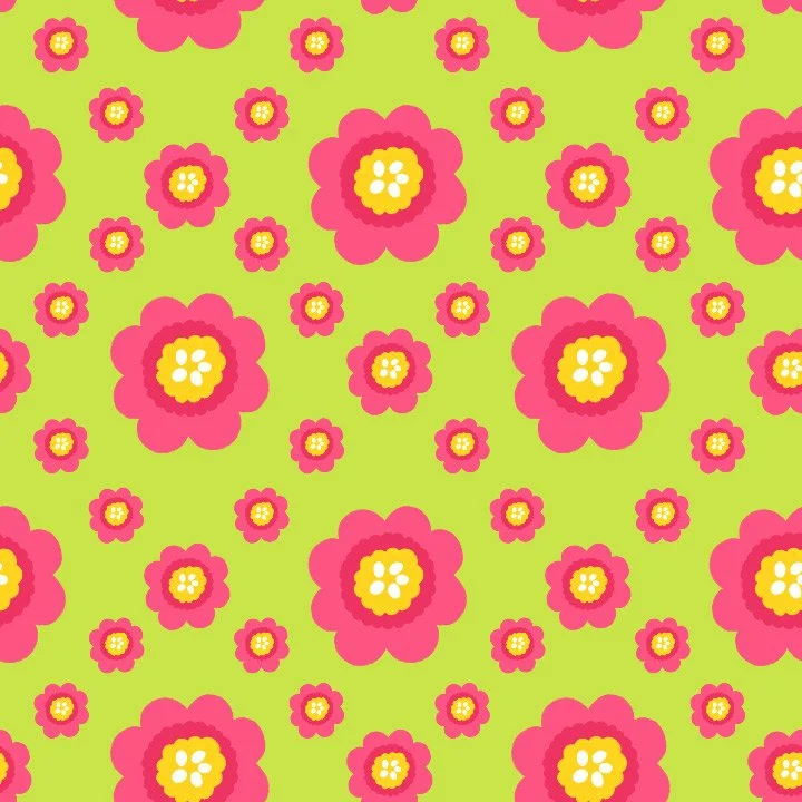 Pattern of pink and yellow flowers on a lime green background.