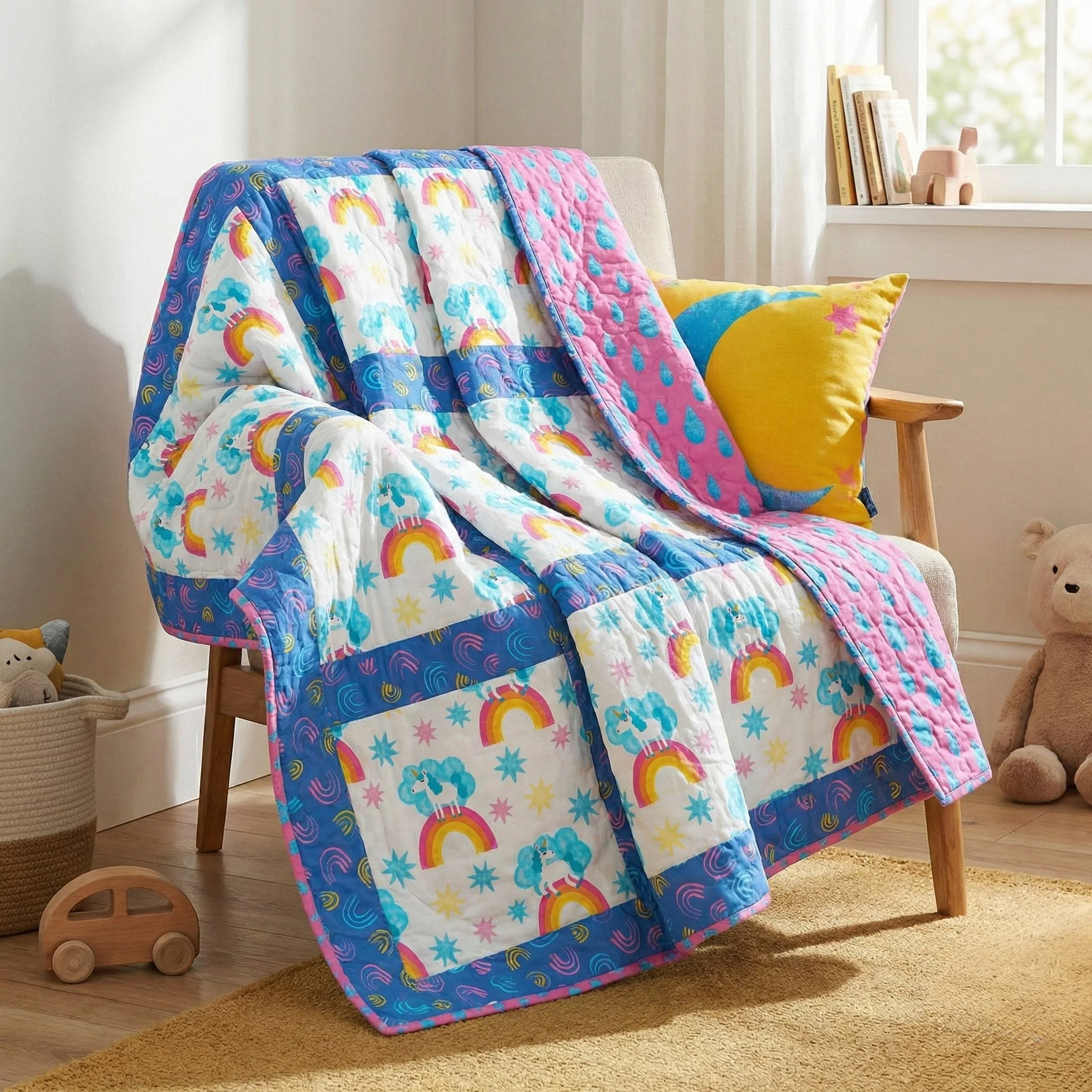 Children’s patchwork quilt featuring unicorn, rainbow, and star patterns displayed on a chair

