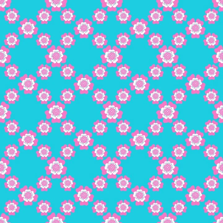 Whimsical floral pattern with pink flowers scattered across a bright aqua background in a playful children’s illustration style