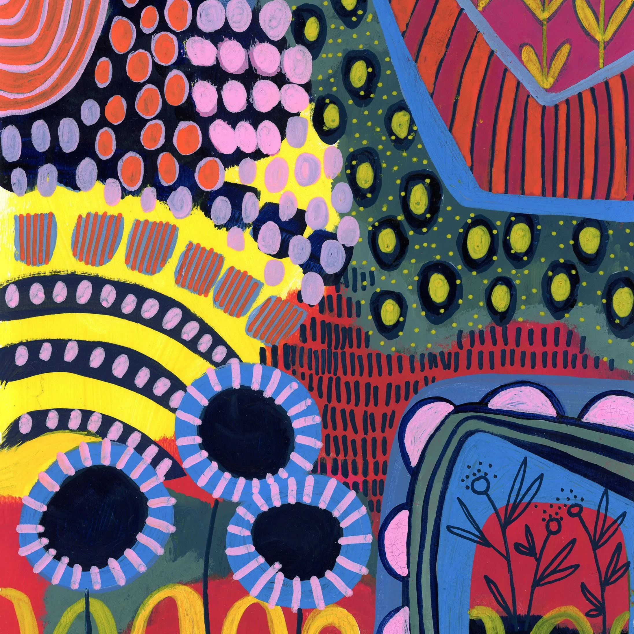 Colorful abstract artwork featuring various geometric shapes and patterns, including circles, dots, lines, and plant-like designs in bright colors like yellow, purple, green, orange, and blue.