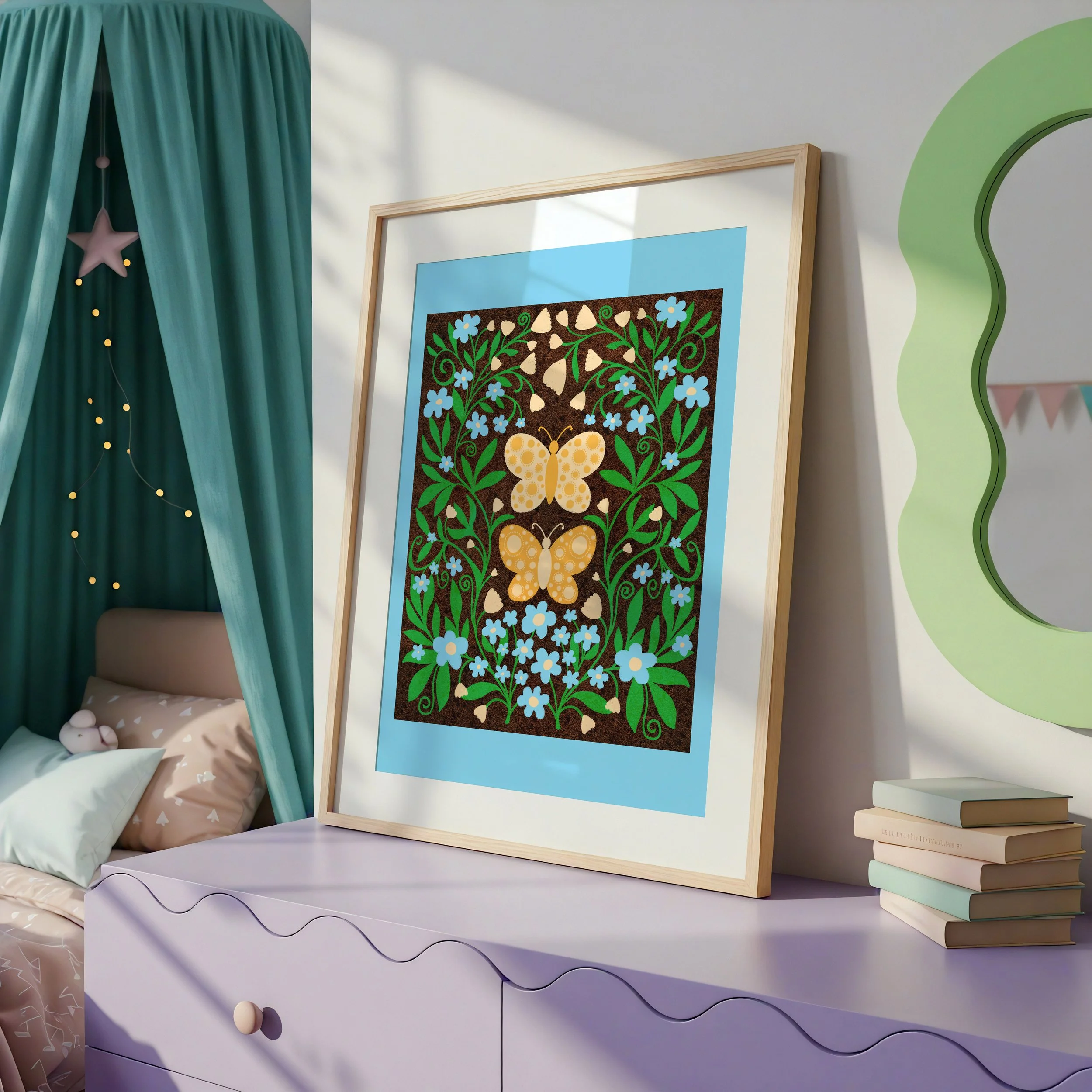 print of two hand drawn magical decorated butterflies surrounded by imaginative blue flowers in a dreamy magical bedroom