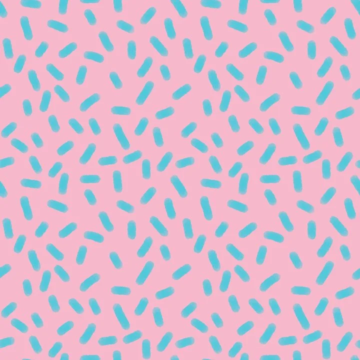 Playful abstract sprinkle pattern with hand-painted aqua dash marks on a soft pink background