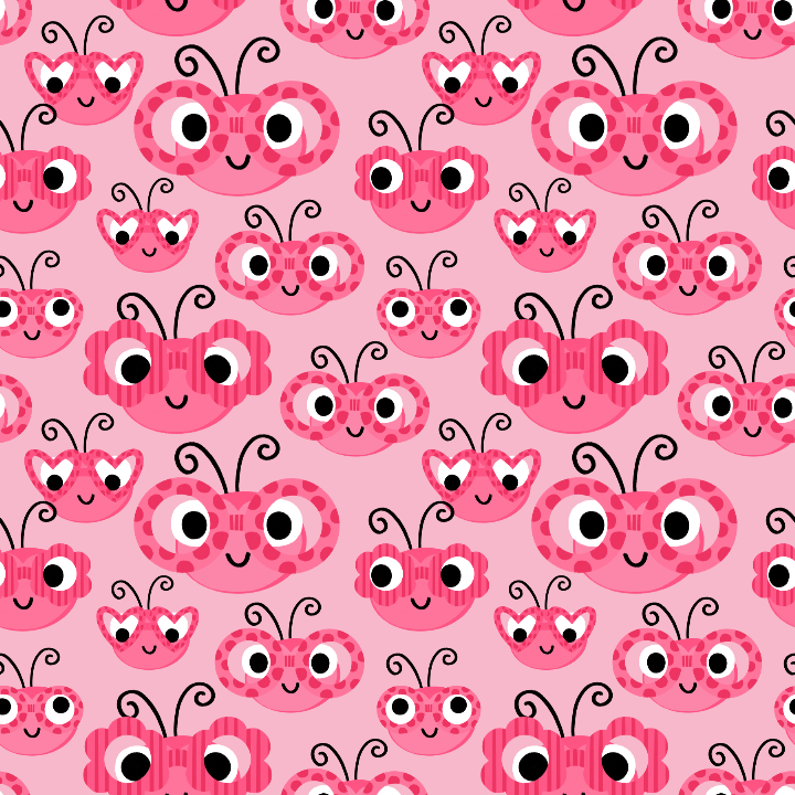 Pattern of cartoon pink ladybugs with smiling faces on a pink background.