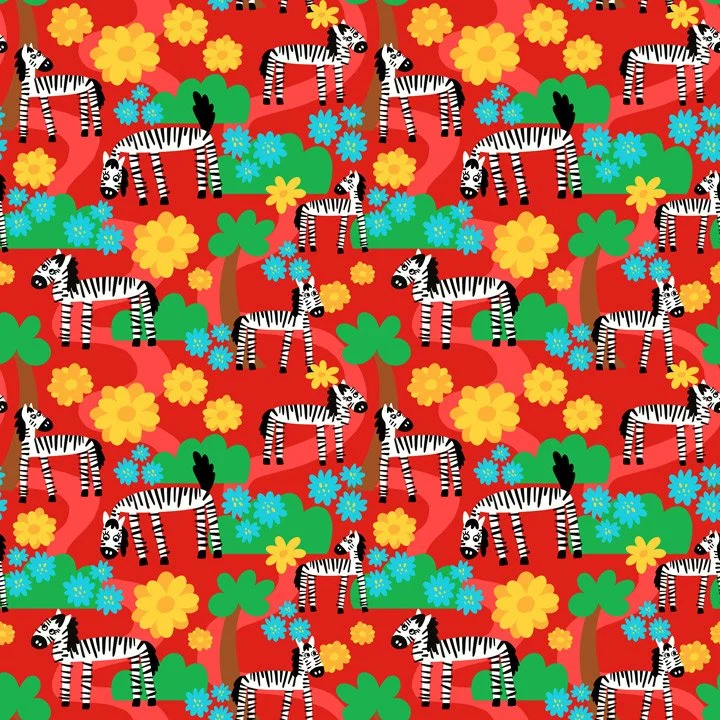 Whimsical zebra pattern featuring hand-drawn zebras surrounded by colorful flowers, trees, and organic shapes in a bold red color palette.