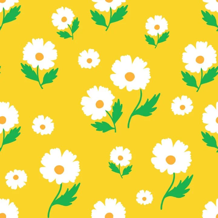Pattern of white daisies with yellow centers and green leaves on a yellow background.