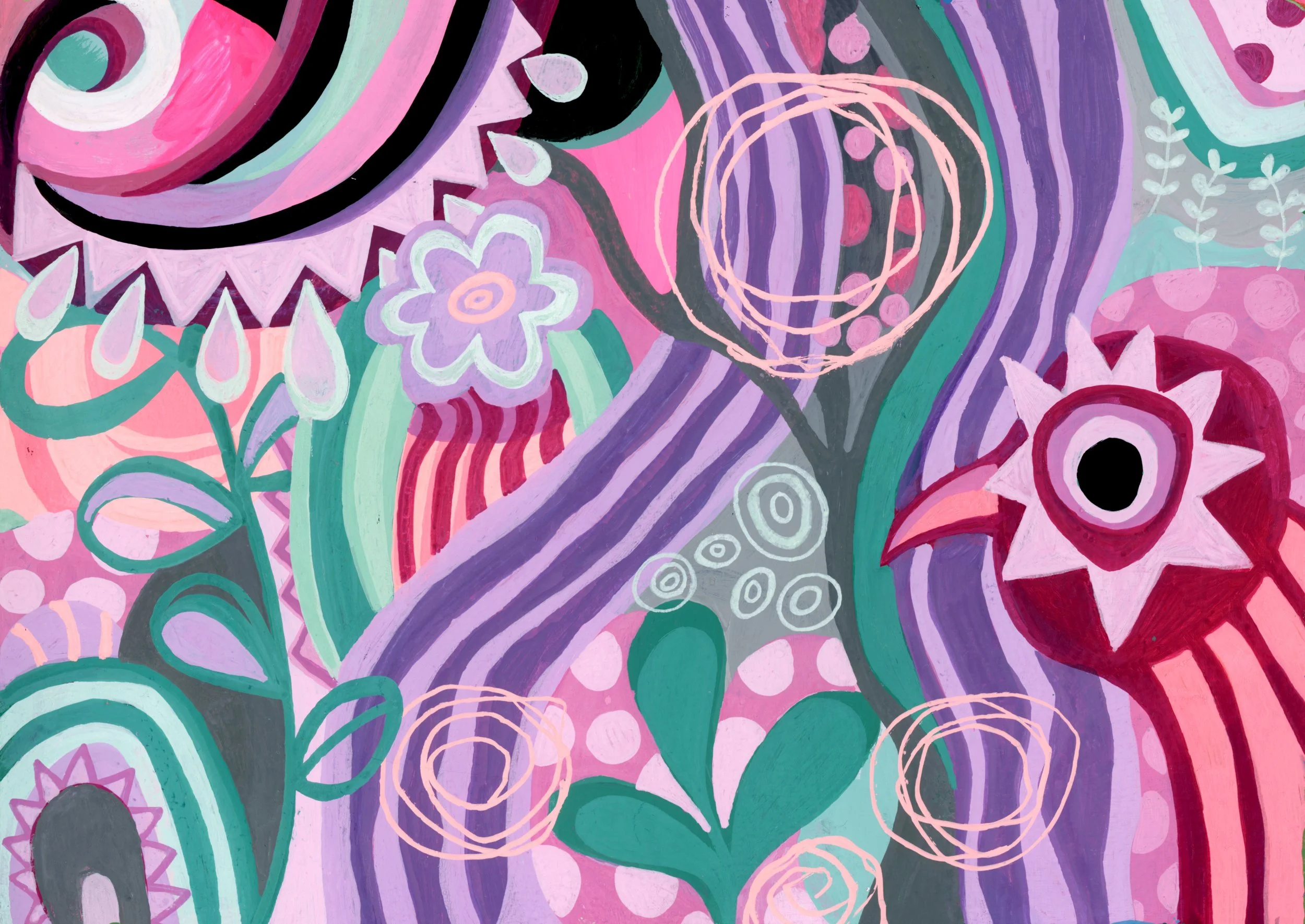 Colorful intuitive abstract painting by Stephanie Ignazio featuring playful flowers, flowing shapes, circles, and bold patterns in pink, purple, teal, and black.