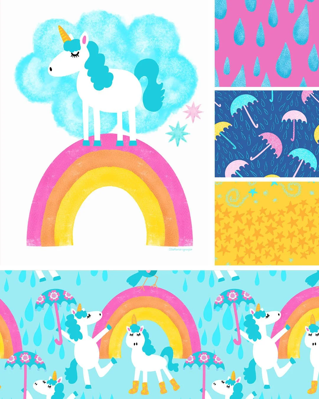 illustration of a white unicorn with a teal blue mane standing on a brightly colored rainbow surrounded by patterns that coordinate with the rainy day unicorn theme by hazel and henrietta. bright yellow stars, umbrellas in multi colors and raindrops