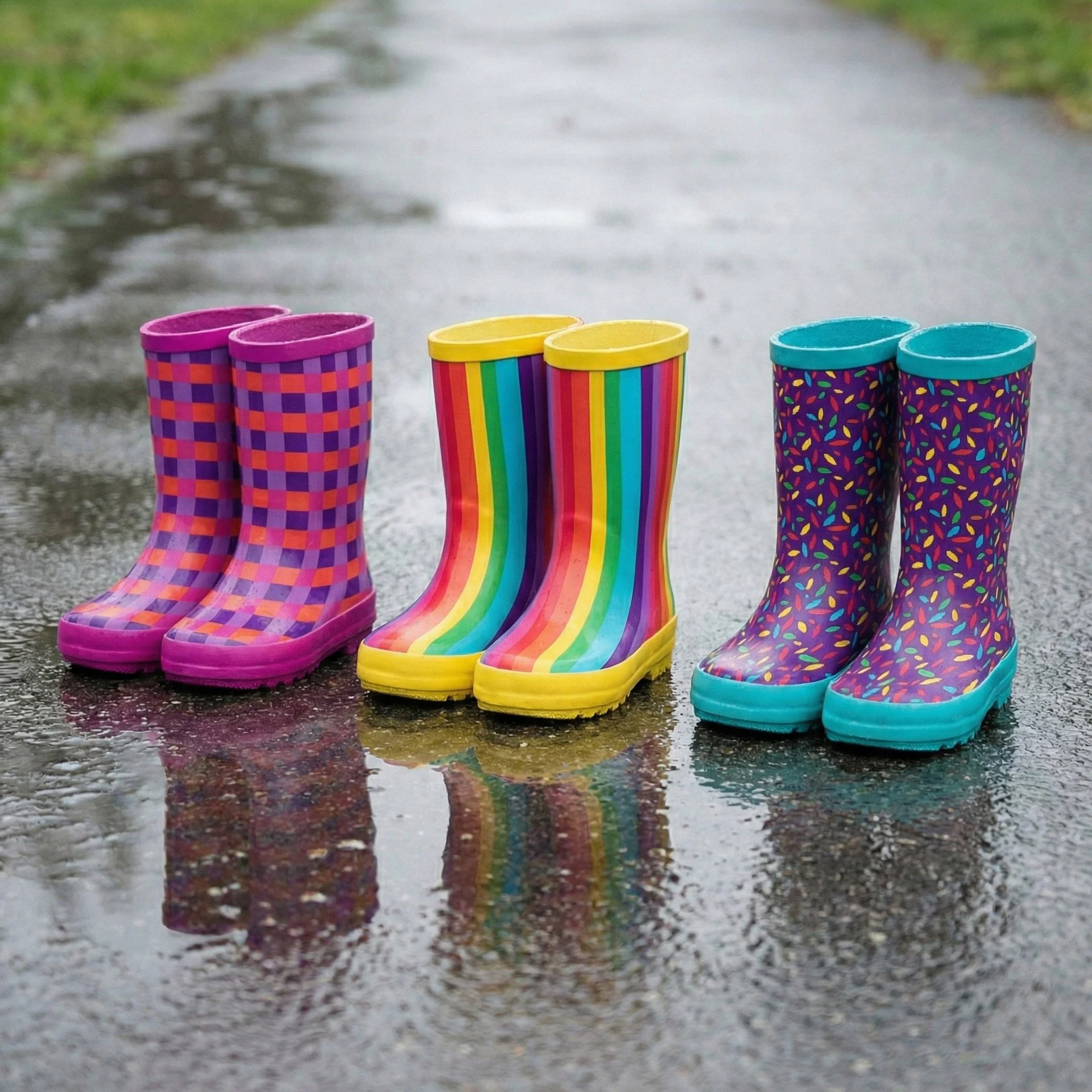 Bright children’s rain boot designs featuring bold rainbow stripes, playful checkered patterns, and colorful tossed leaf motifs. These cheerful surface patterns are ideal for rain boots, outdoor footwear, kids’ accessories, and art licensing across c