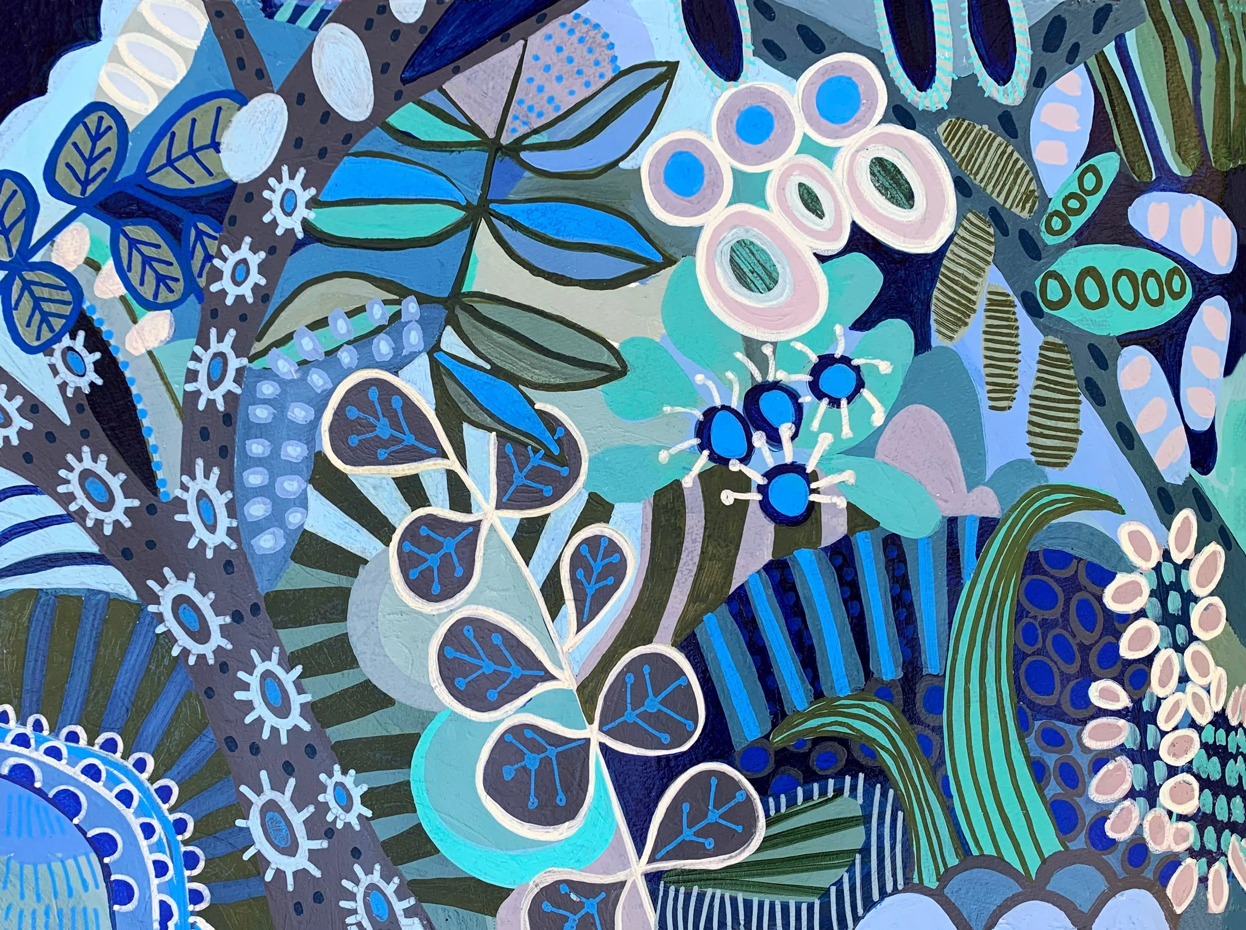 Abstract painting of various blue, green, and white botanical and floral elements with a dense pattern of leaves, flowers, and shapes.