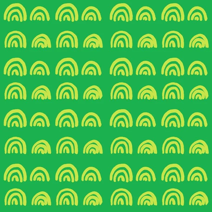 Bright rainbow arch pattern with repeating curved shapes in green tones, inspired by movement and balance, designed as a modern coordinating fabric.