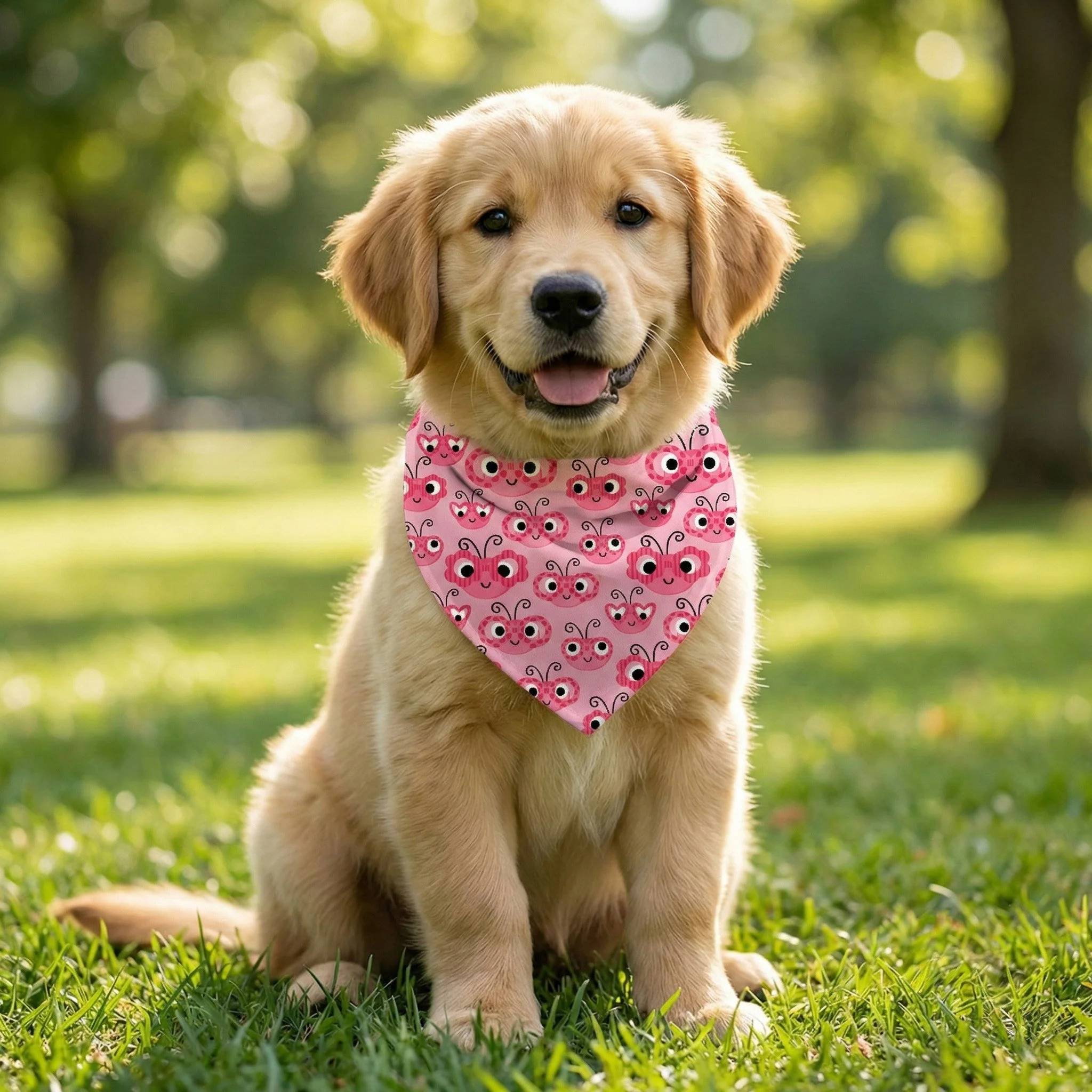 Playful pet bandana showcasing a cheerful ladybug pattern from the Love and Ladybugs collection. Whimsical surface design created for pet accessories, coordinated lifestyle products, and joyful textile licensing inspired by love, nature, and playful 