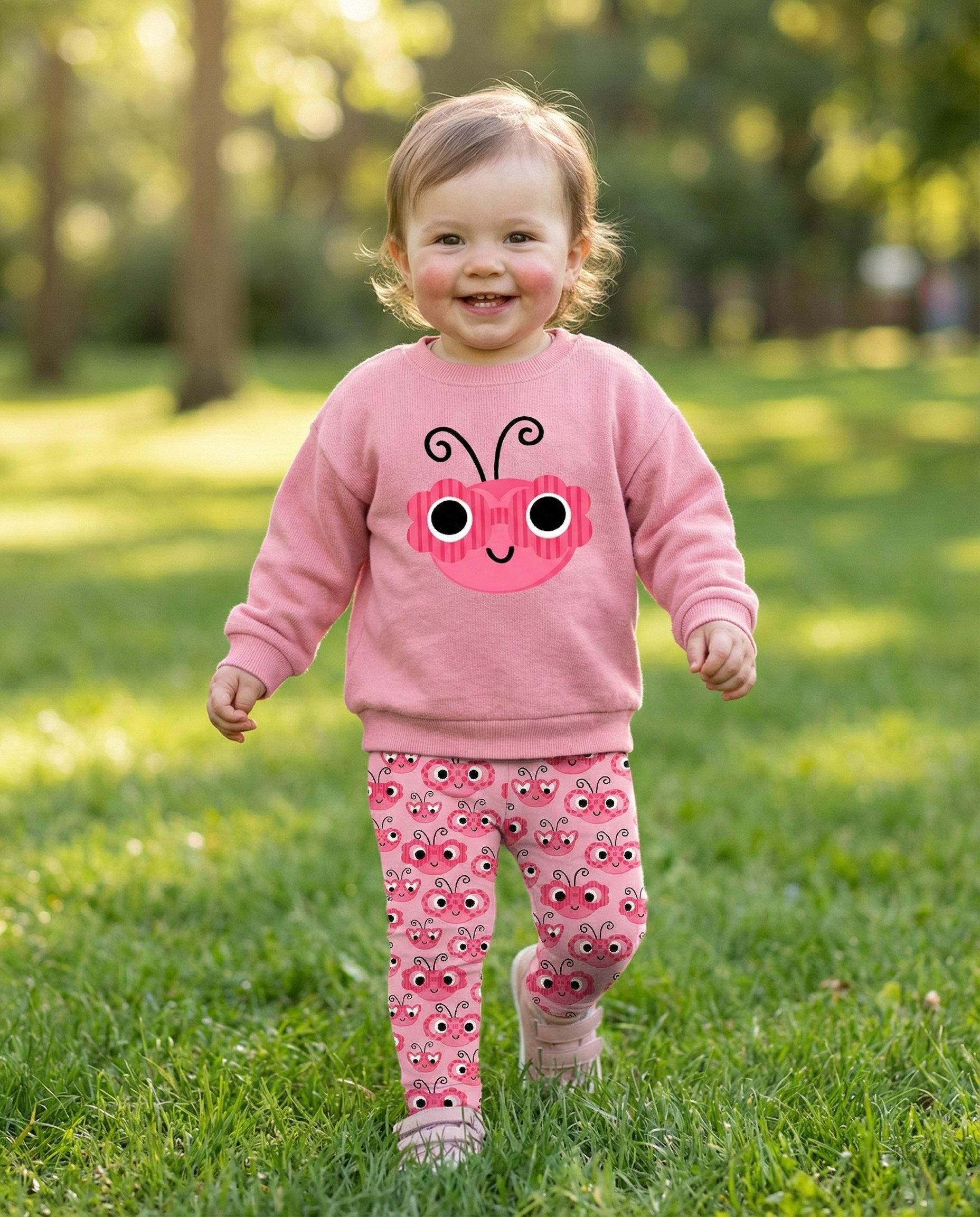 Playful toddler outfit showcasing a cheerful ladybug character sweatshirt paired with coordinating patterned leggings from the Love and Ladybugs collection. Whimsical artwork designed for children’s apparel, baby fashion, and joyful textile licensing